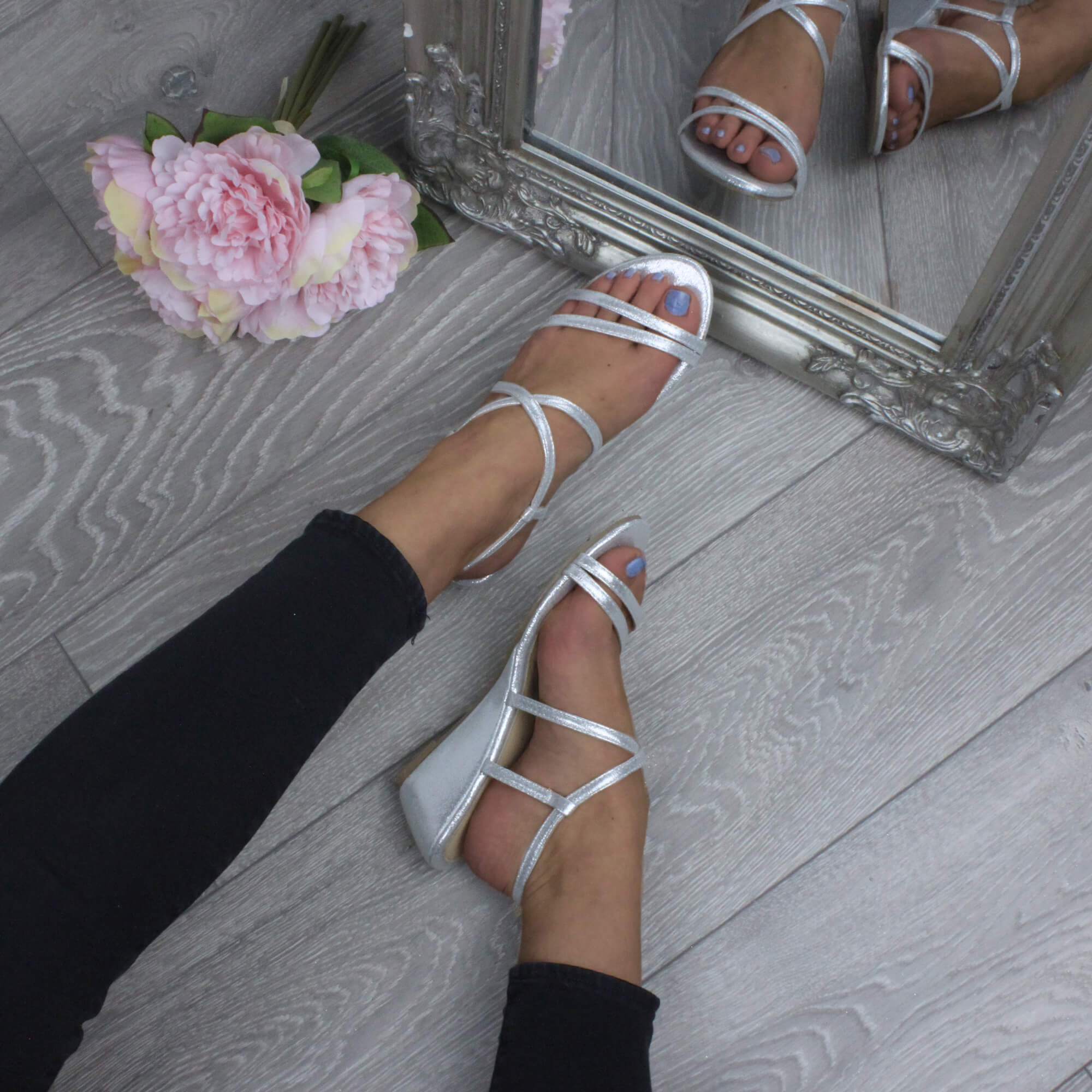 Silver AJVANI Silver Mid Wedge Heel Crossed Straps Sandals, Image 5 of 6