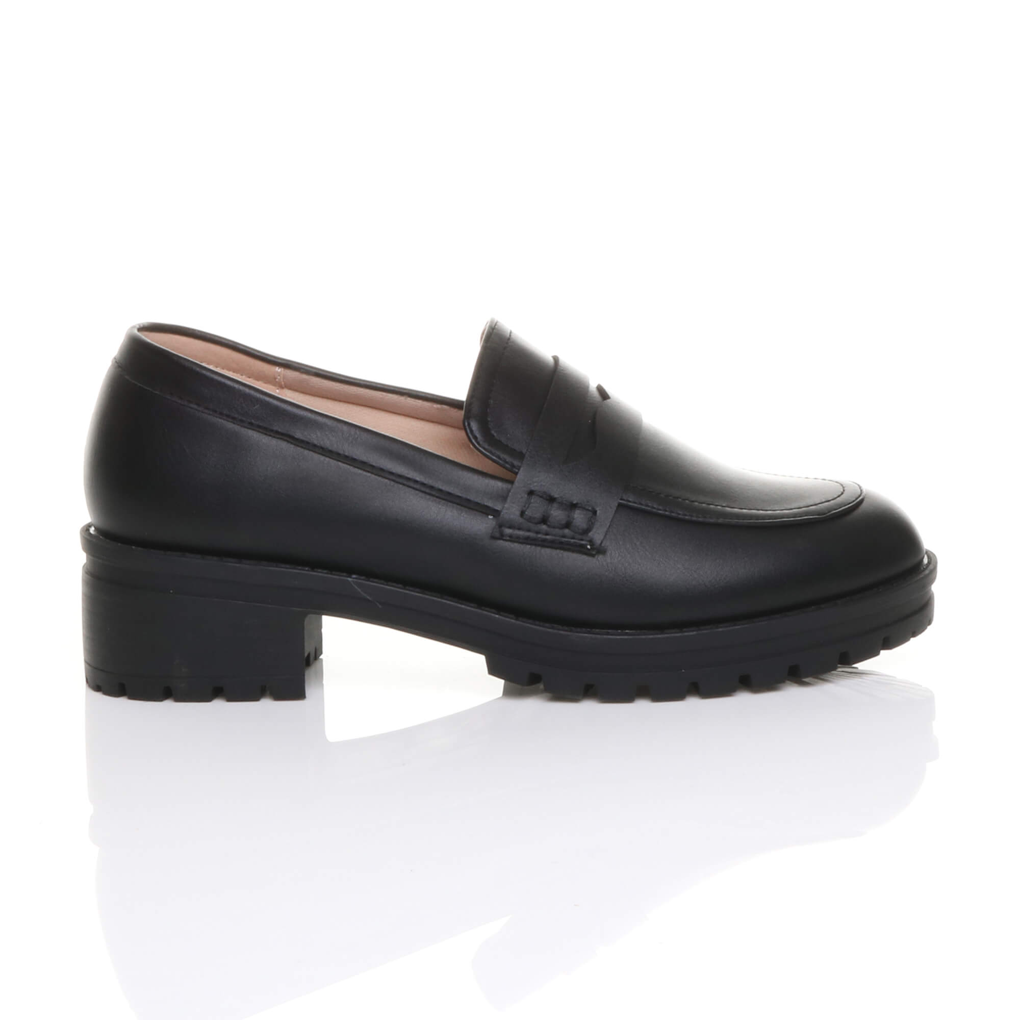 Black AJVANI Black Flat Chunky Heeled Penny Loafers, Image 2 of 5