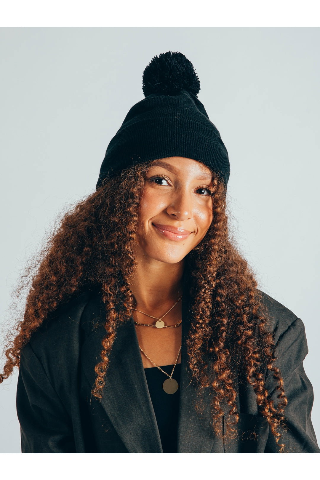 Dark Grey Knitted Pom Pom Beanie in Black, Image 3 of 7