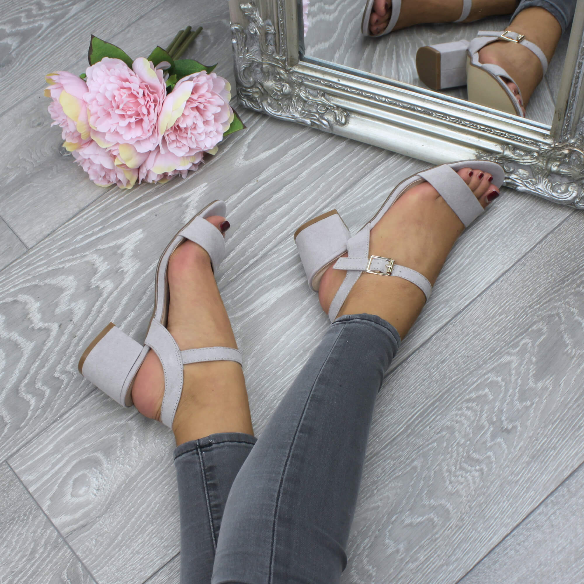 Grey AJVANI Grey Mid Block Heel Strappy Sandals, Image 5 of 6