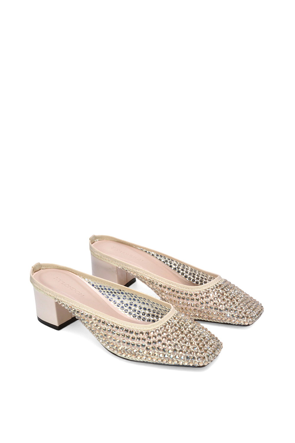 Beige XY LONDON Beige 'Brooklyn' Square Toe Court Shoe Mule Block Heels With Crystal Mesh, Image 5 of 6