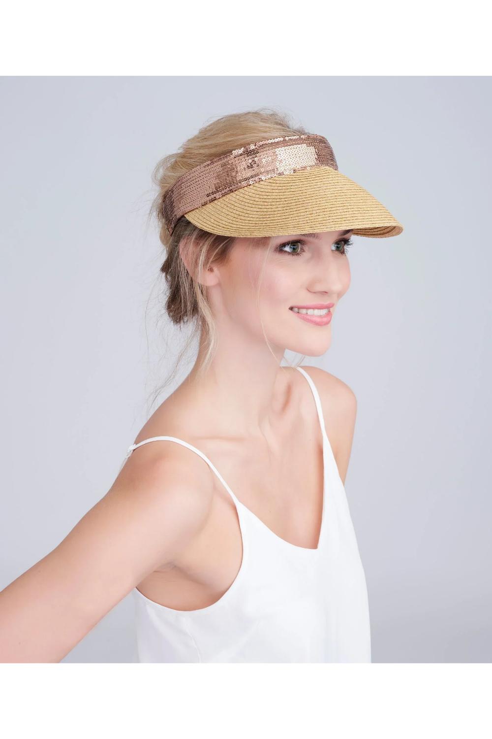 Beige Aura - Sequin Trim Straw Visor - Beige, Image 1 of 2