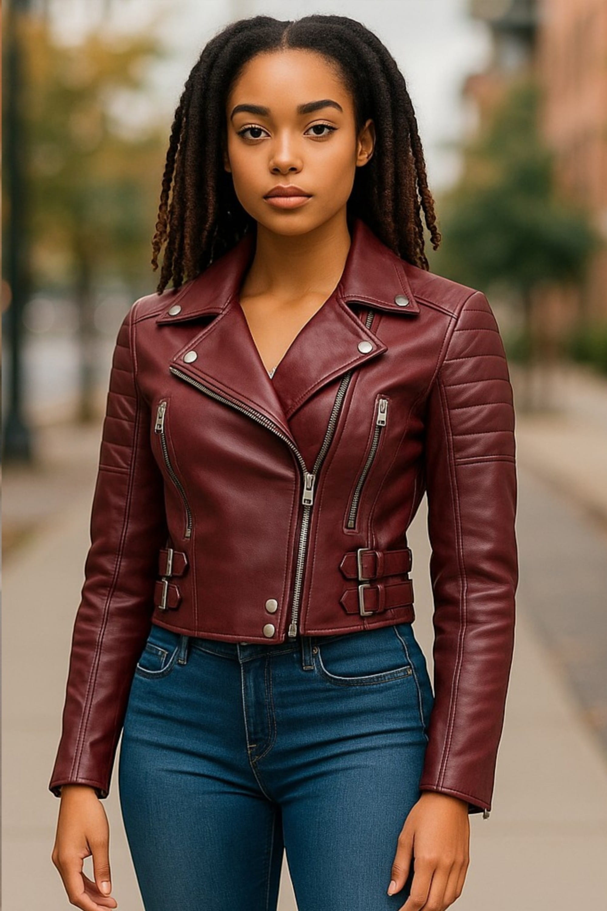 Burgundy Cropped Brando Leather Biker Jacket, Image 1 of 7