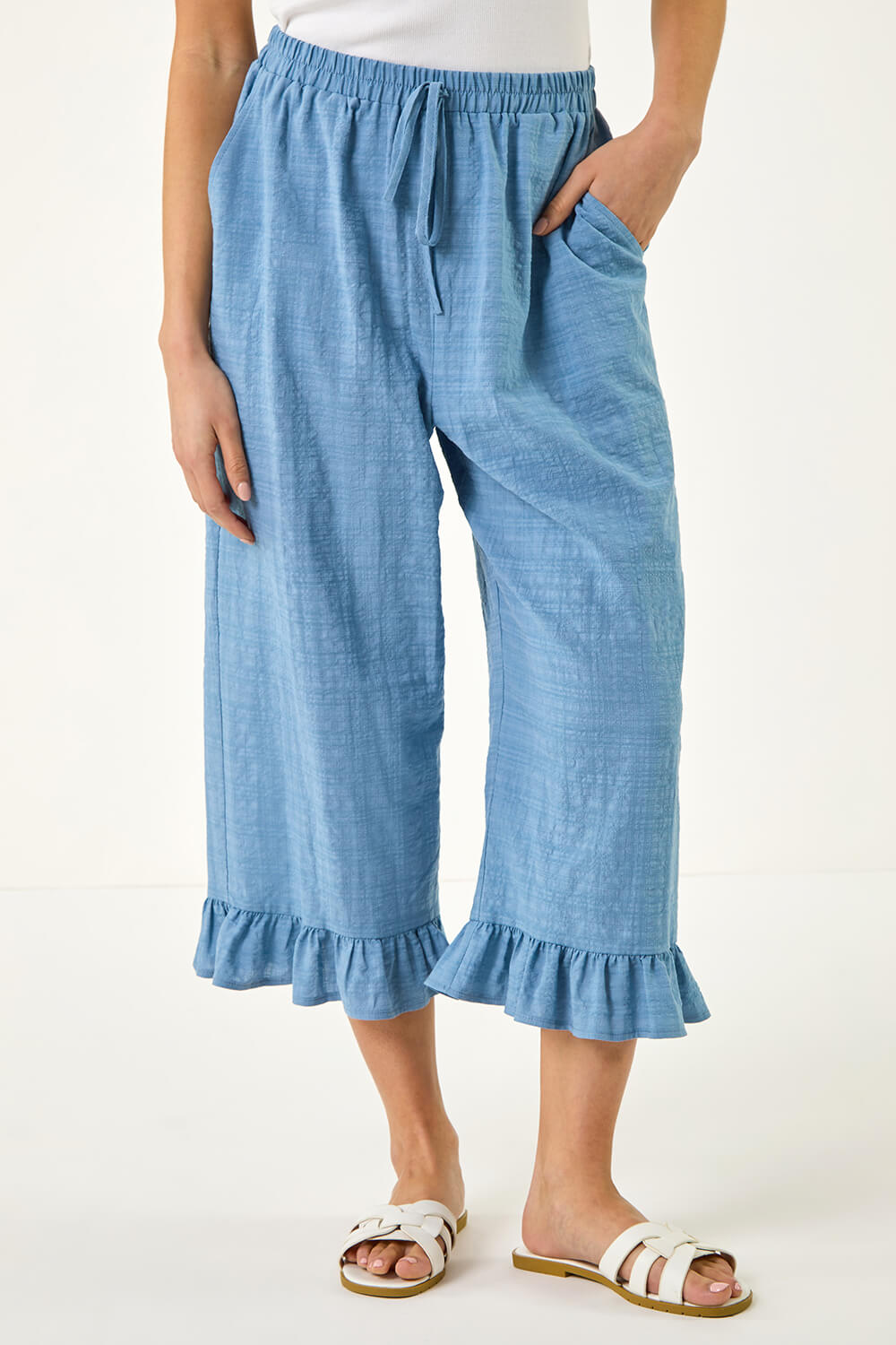 Blue Petite Cropped Frill Hem Trouser, Image 5 of 5