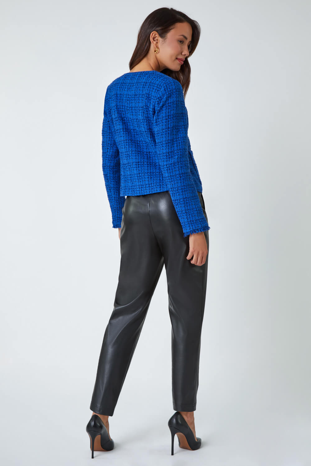 Blue Checked Boucle Button Detail Jacket, Image 3 of 6