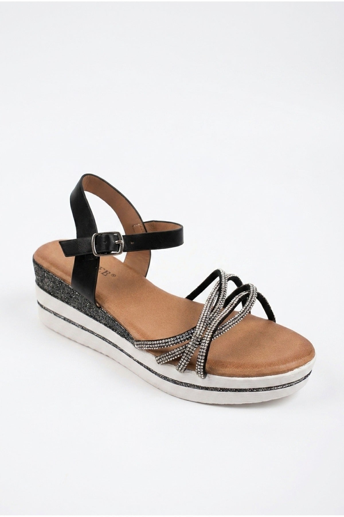 Black Vita Rhinestone Embellished Platform Wedge Sandals, Image 2 of 5