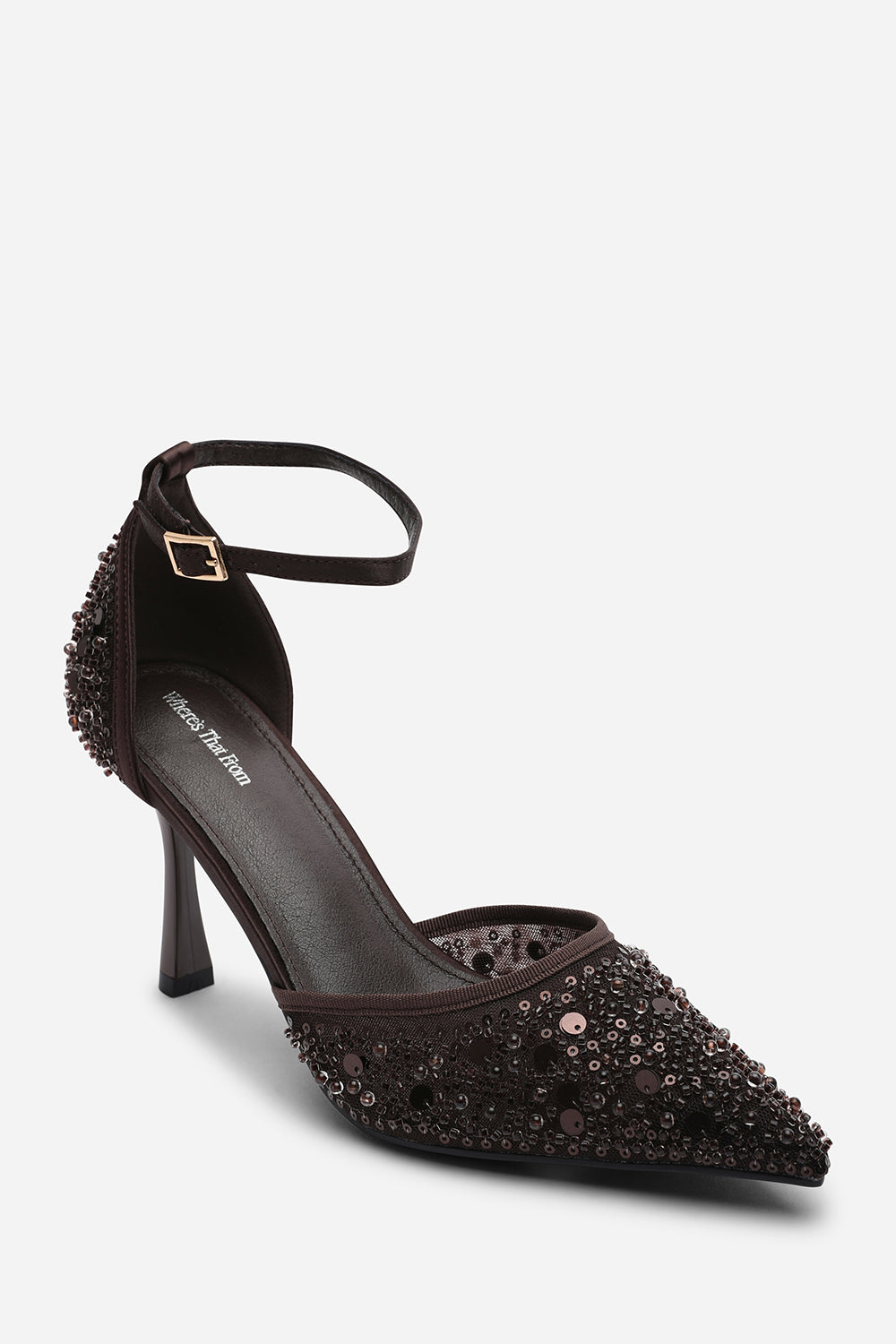 Brown Frances Diamante Mesh Pointed Toe Strap Heels, Image 3 of 6