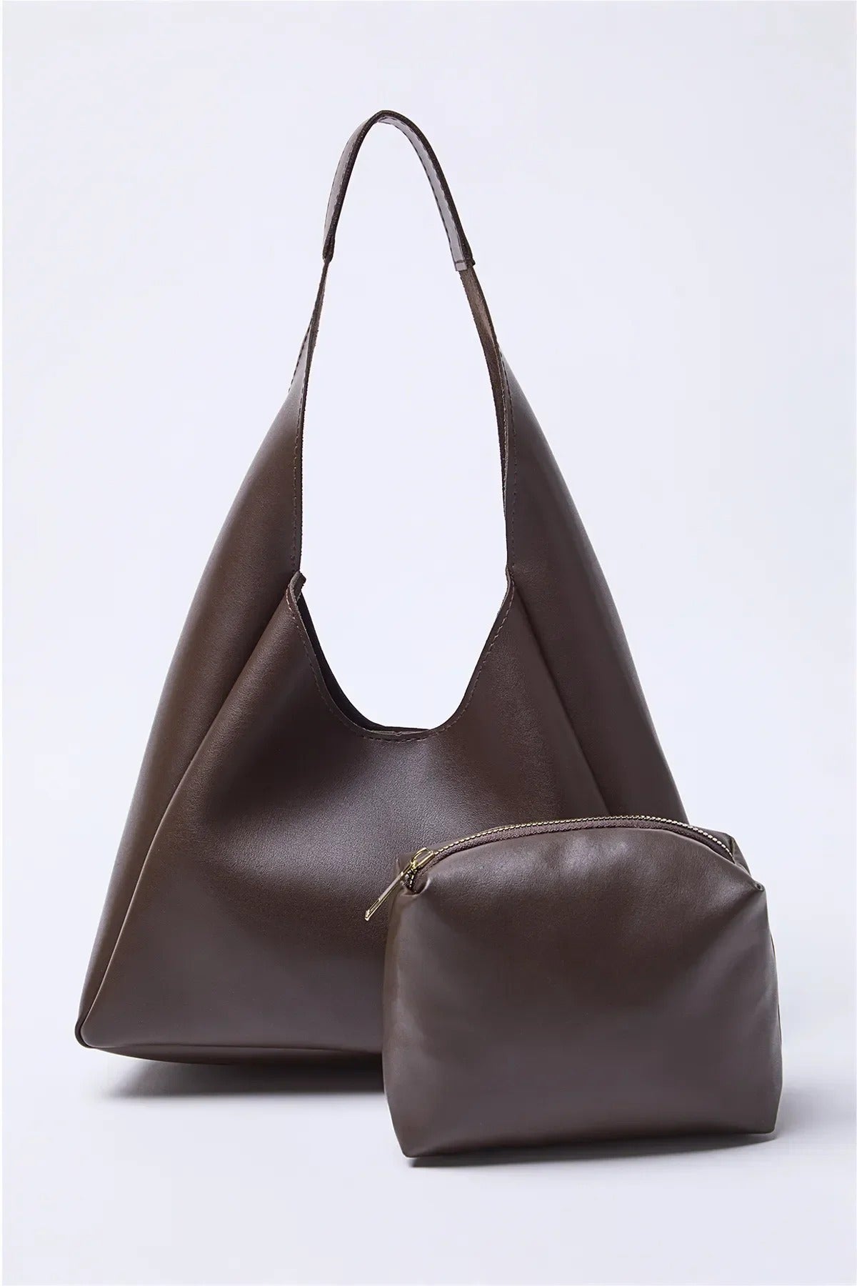 Dark Brown WOVCOR Dark Brown Oval Shoulder Bag With Matching Pouch, Image 1 of 3