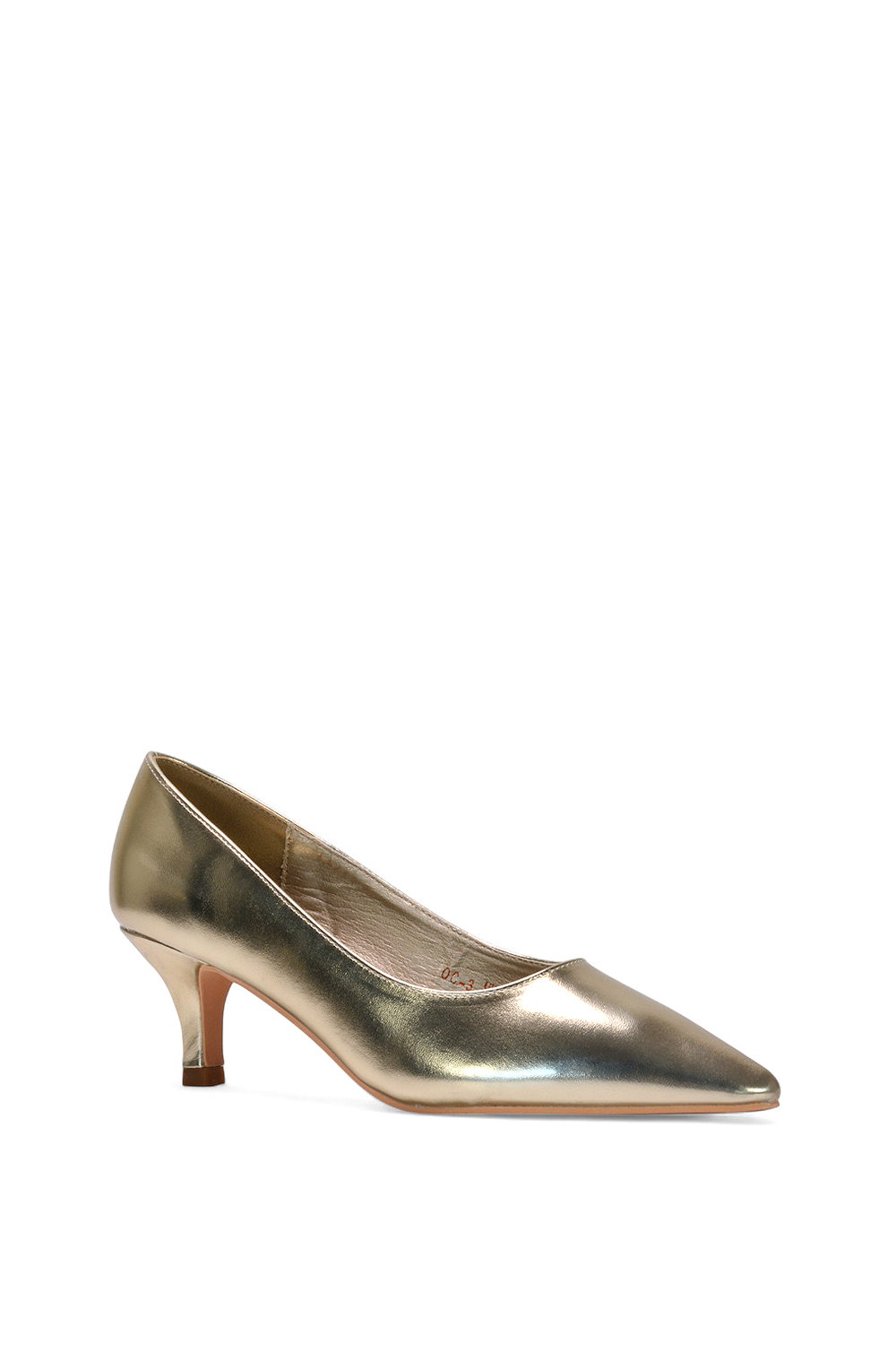 Gold XY LONDON Gold 'Cali' Pointed Toe Low Stiletto Kitten High Heel Court Shoes, Image 2 of 6