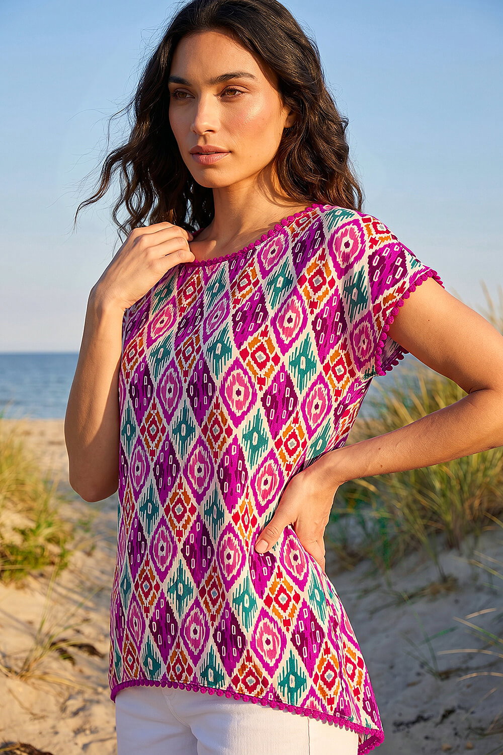 Pink Ikat Print Bobble Trim Tee, Image 1 of 4