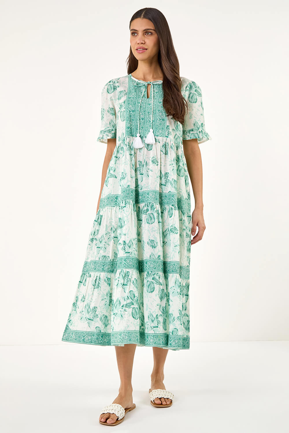 Teal Floral Print Tiered Midi Dress, Image 1 of 5