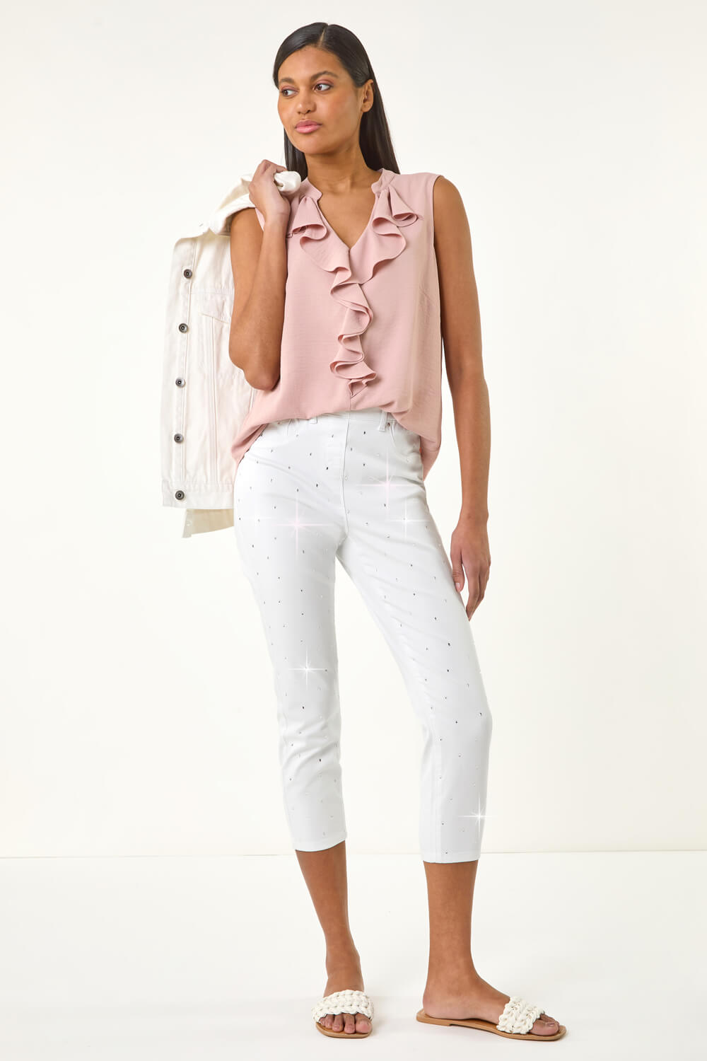 White Embellished Cropped Stretch Jeggings, Image 3 of 5