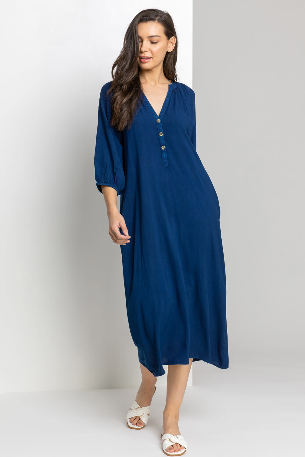 Navy Buttoned Notch Neck A-Line Dress, Image 1 of 5