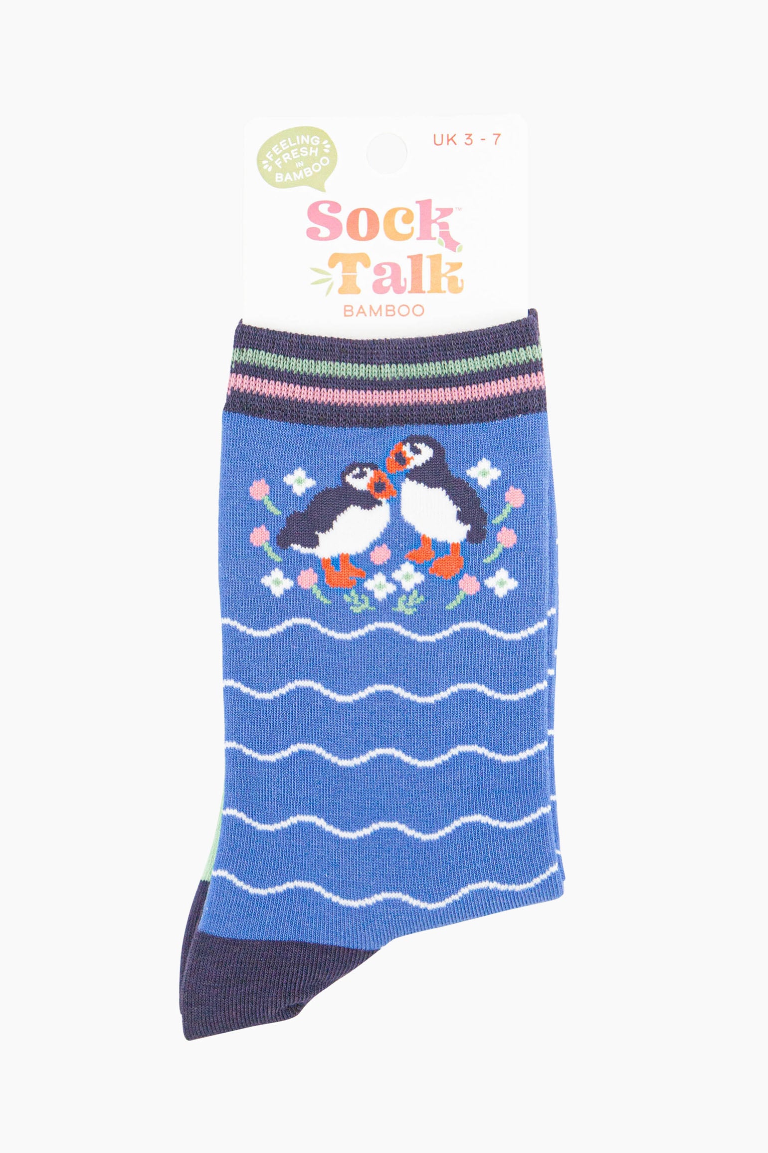 Blue Bamboo Socks - Blue, Puffins and Flowers, Image 4 of 4