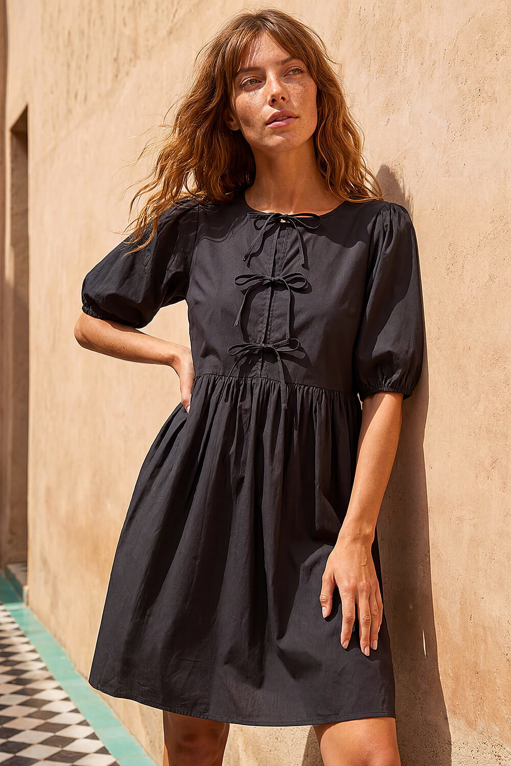 Roman Women's Black Tie Front Smock Dress Size 16