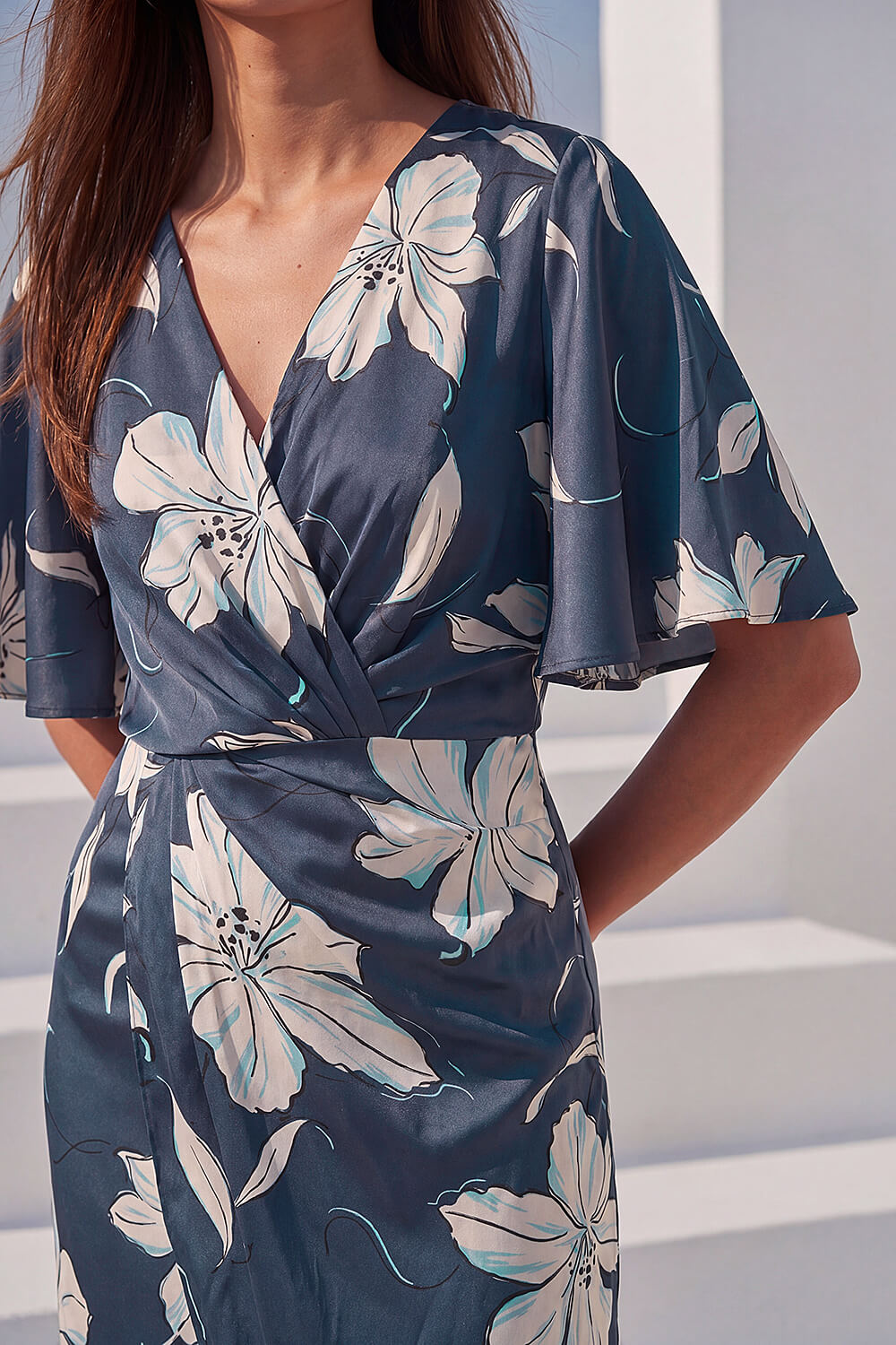 Navy Floral Print Wrap Twist Dress, Image 5 of 4