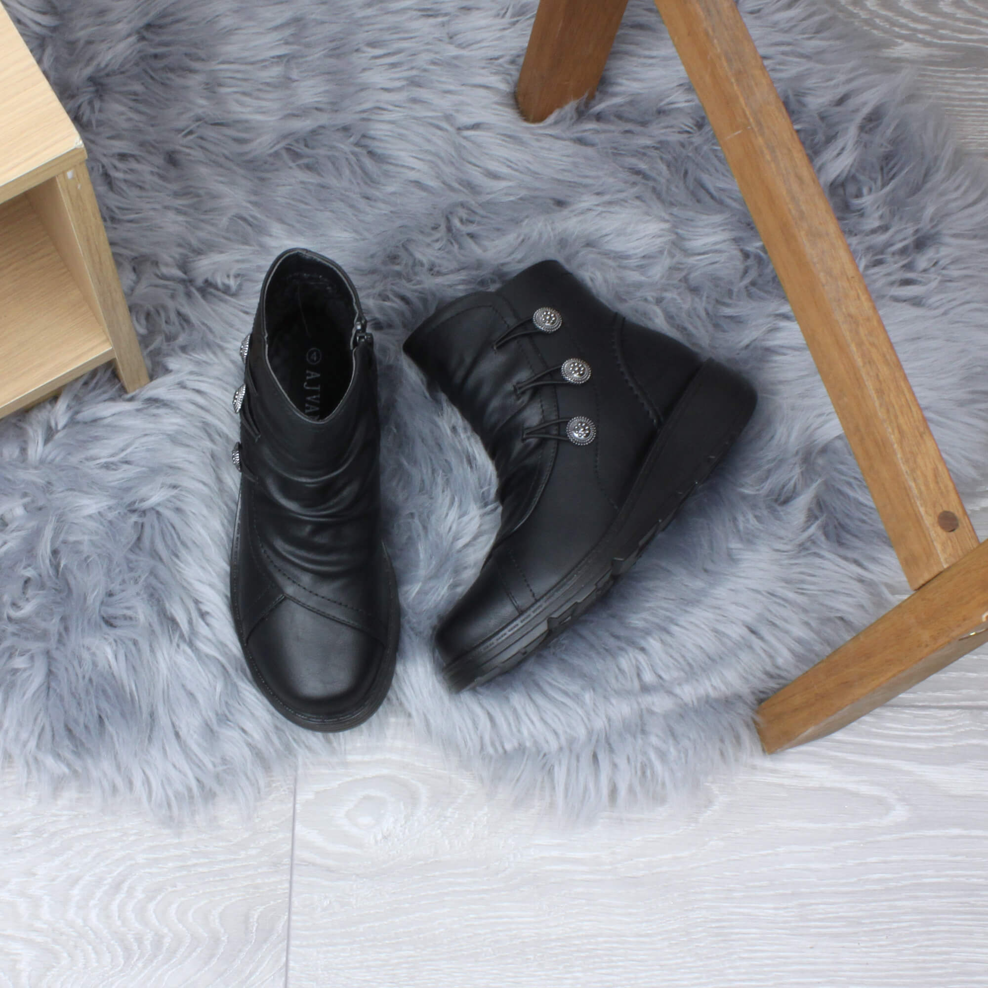 Black AJVANI Black Low Wedge Comfort Button Ankle Boots, Image 4 of 6