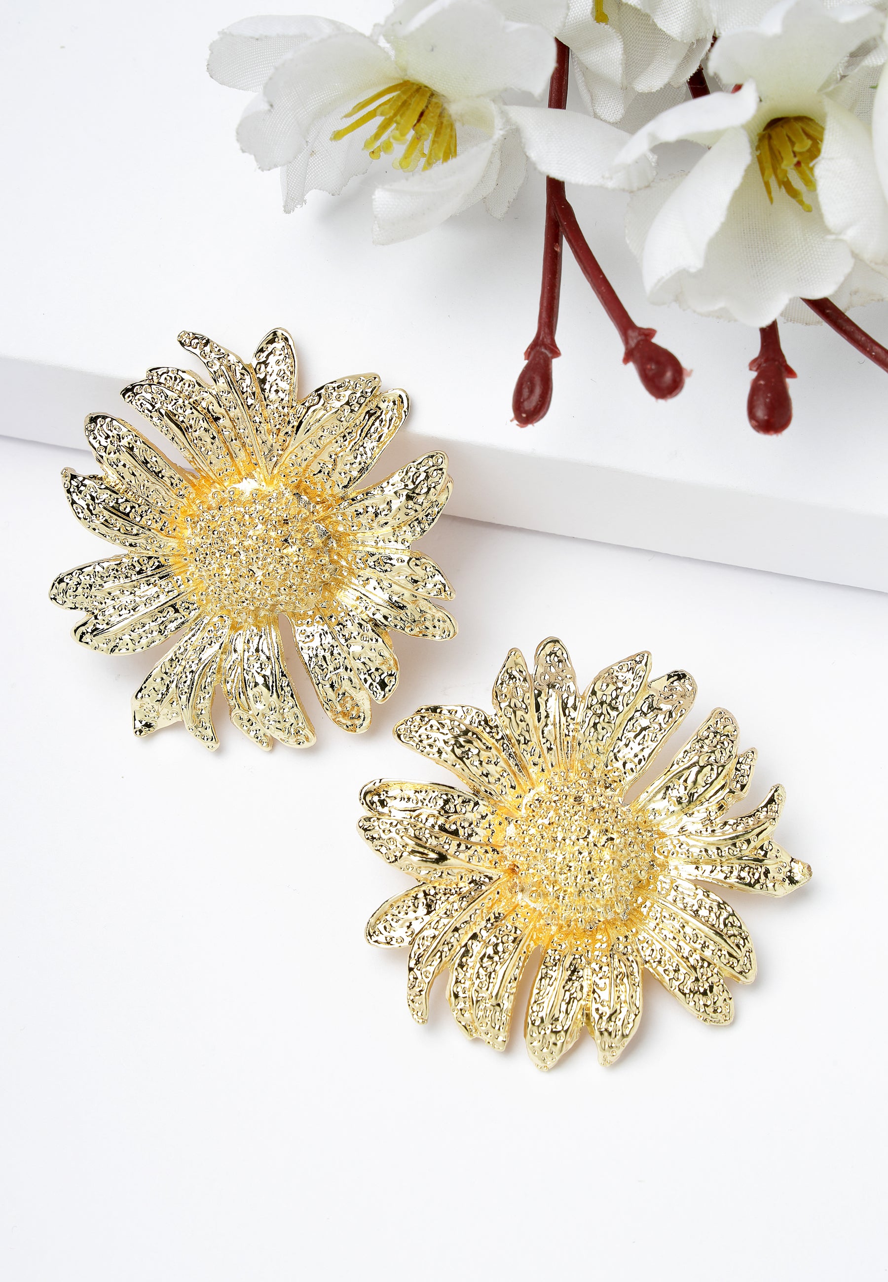 Gold Silver-Coloured Floral Stud Earrings, Image 2 of 5