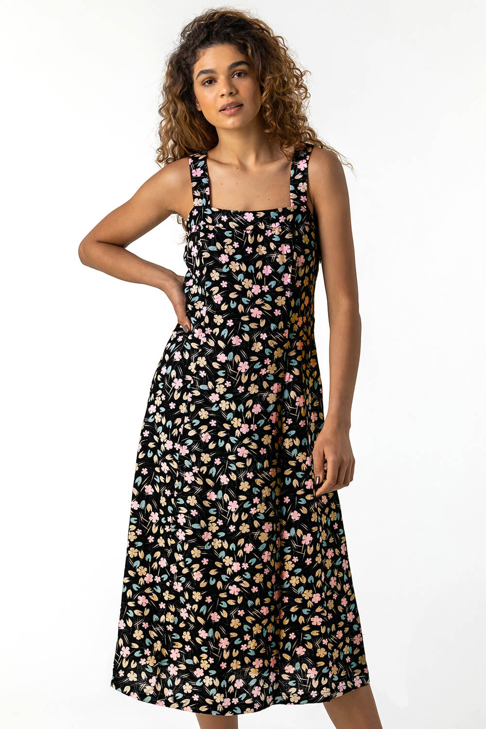 Pink Floral Wide Strap Midi Dress, Image 4 of 5