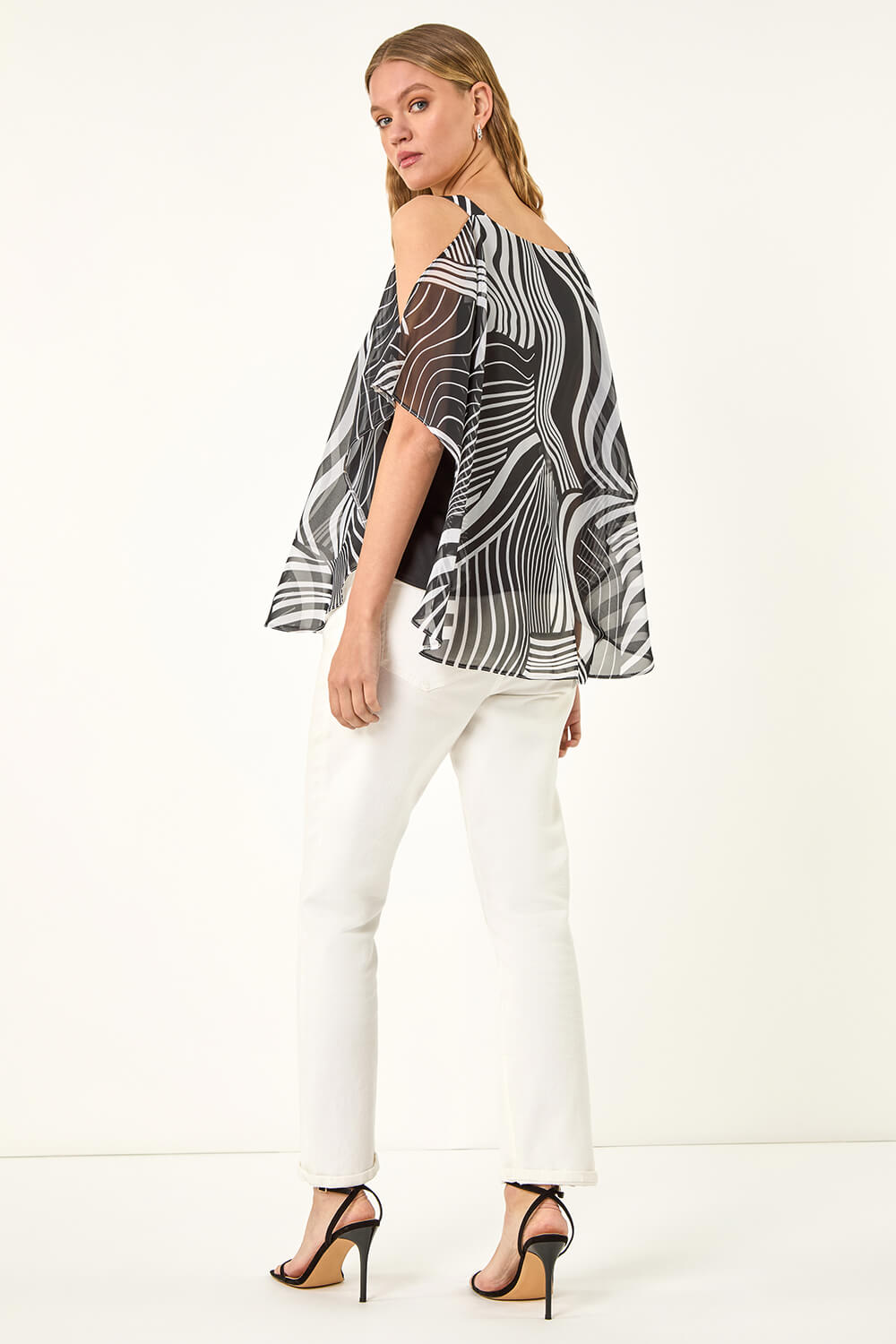 Black Mono Print Cold Shoulder Top, Image 4 of 5
