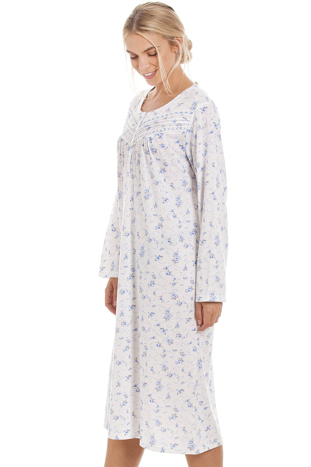 Blue Rose Print Long Sleeve Nightdress, Image 3 of 5