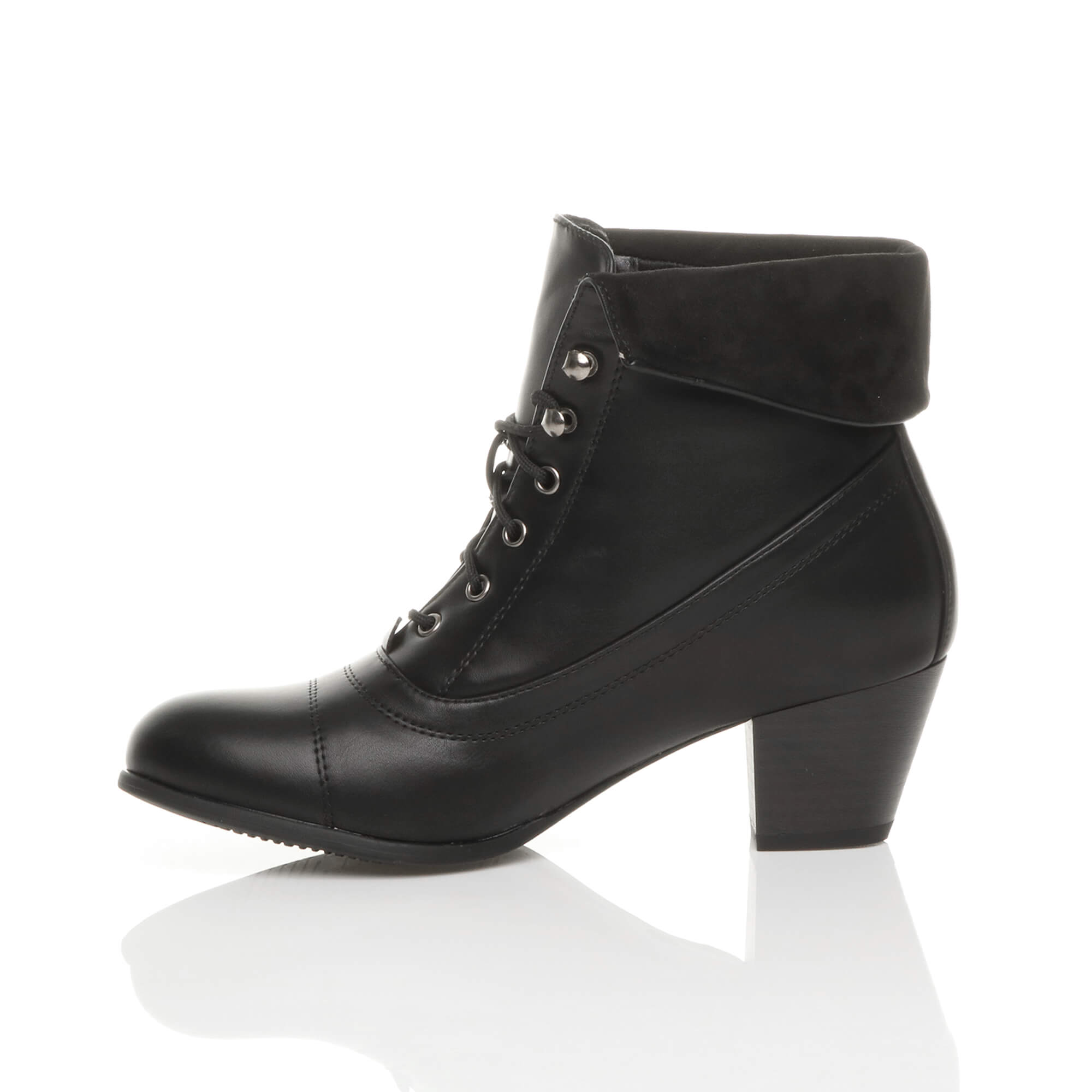 Black Mid Cuban Heel Pixie Lace Up Granny Ankle Boots, Image 3 of 8