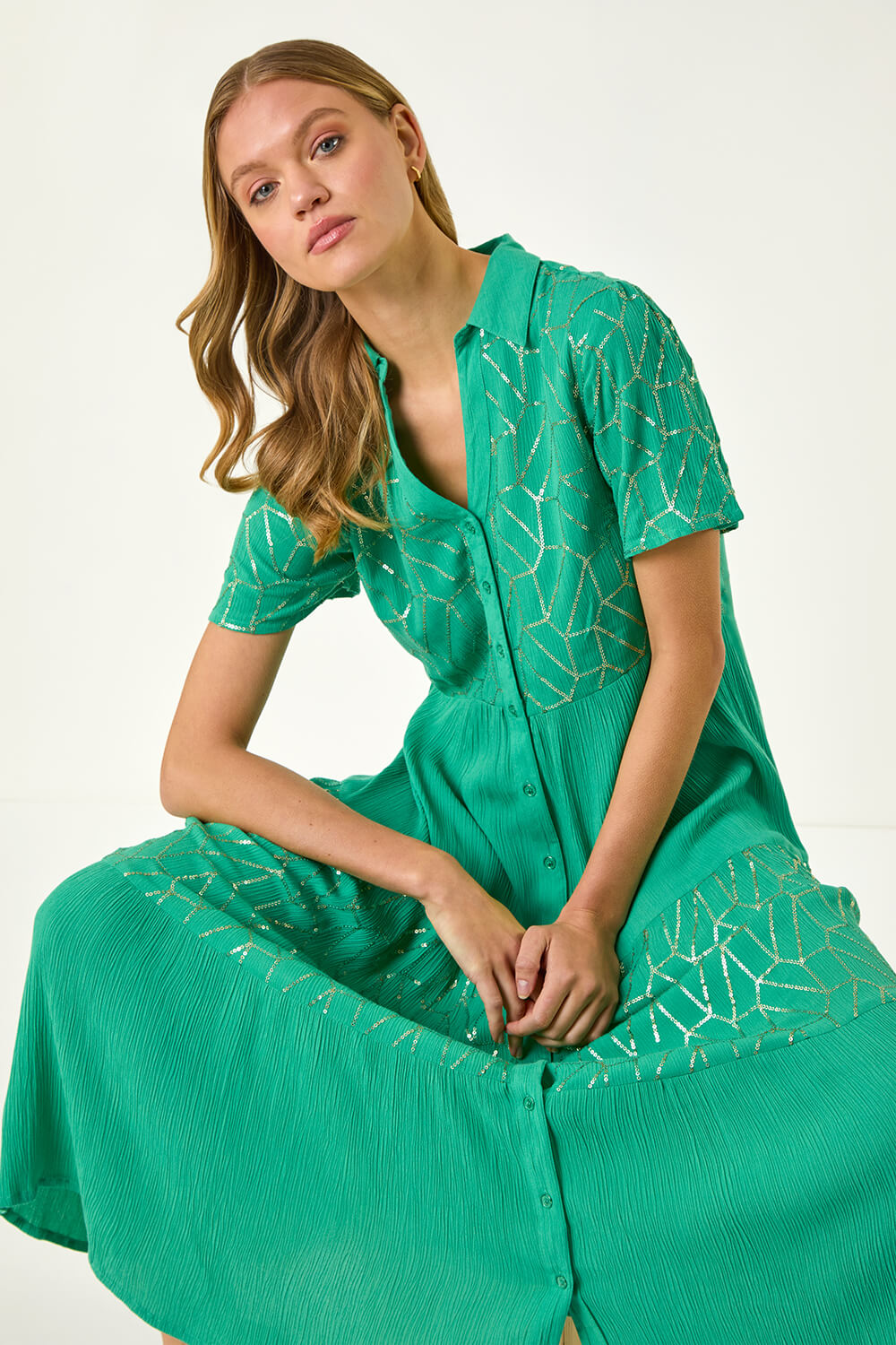 Jade V-Neck Sequin Button Midi Dress, Image 3 of 5