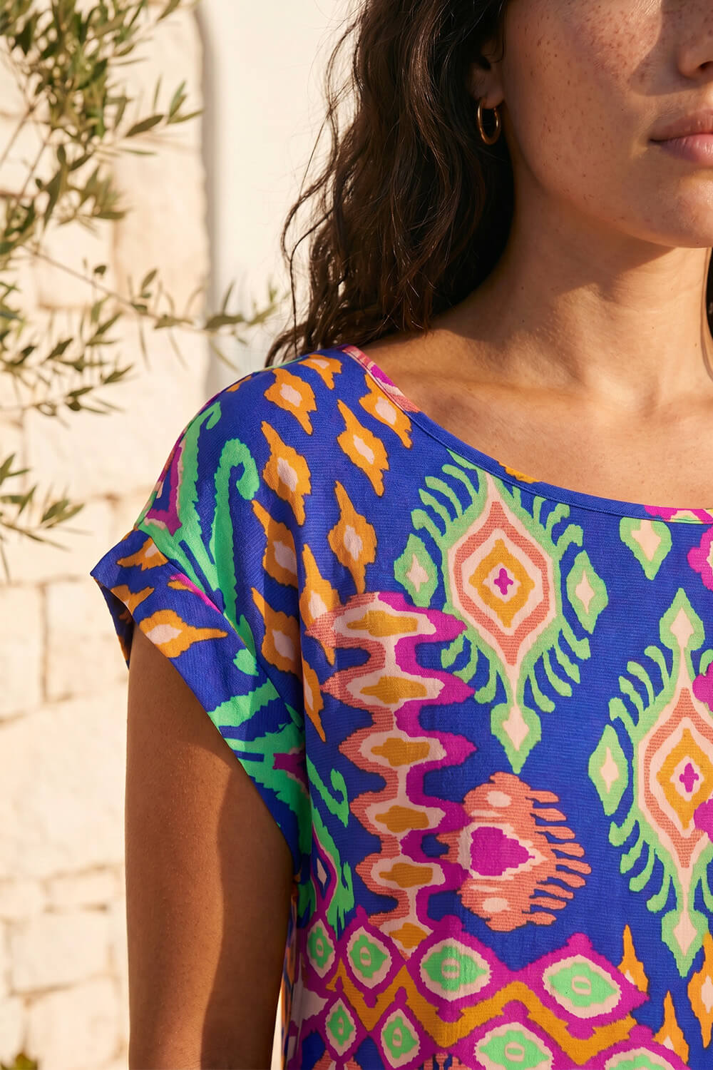 Blue Aztec Print Short Sleeve Top, Image 5 of 4