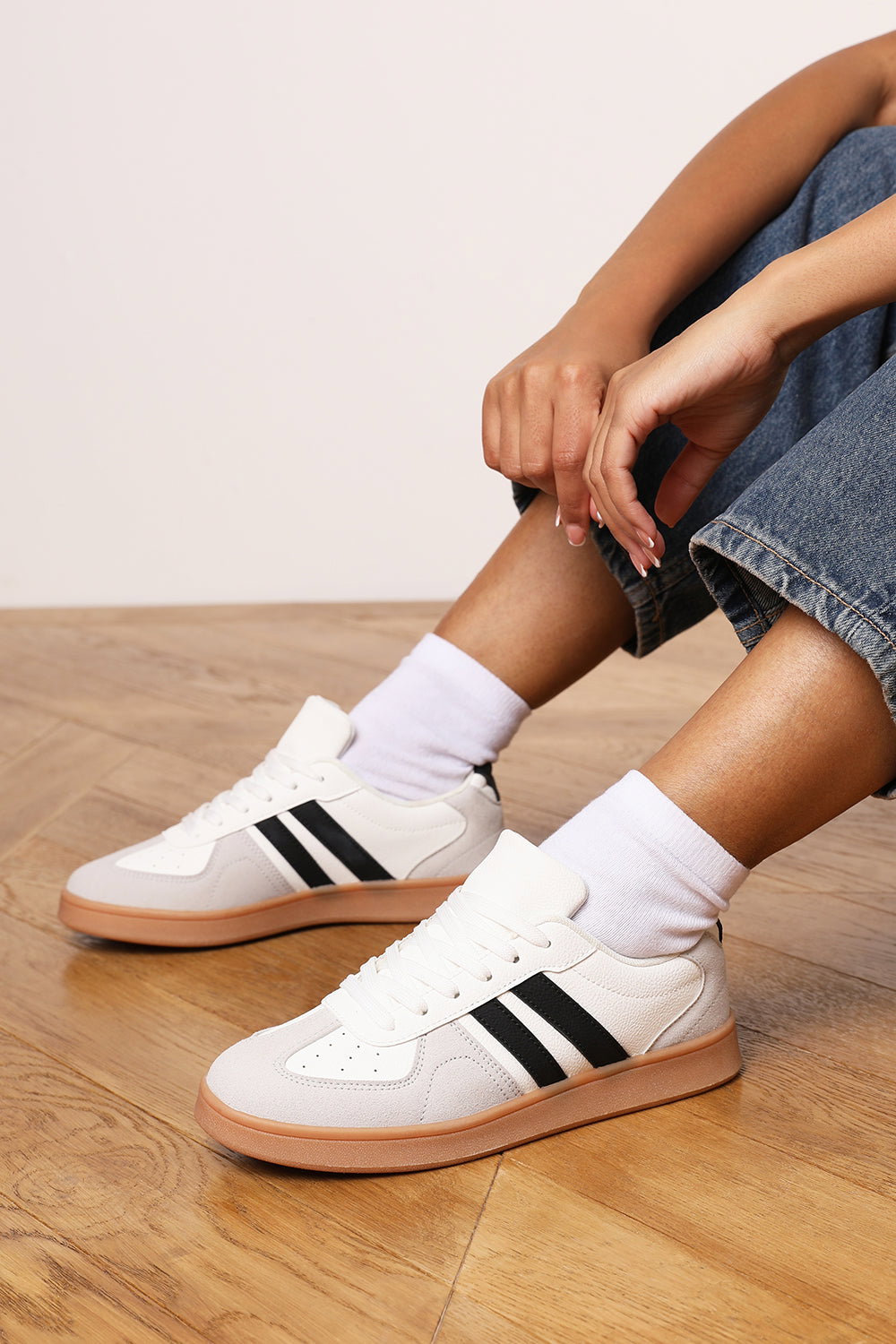 White 'Xia' Classic Retro Lace Up Trainer With Stripes