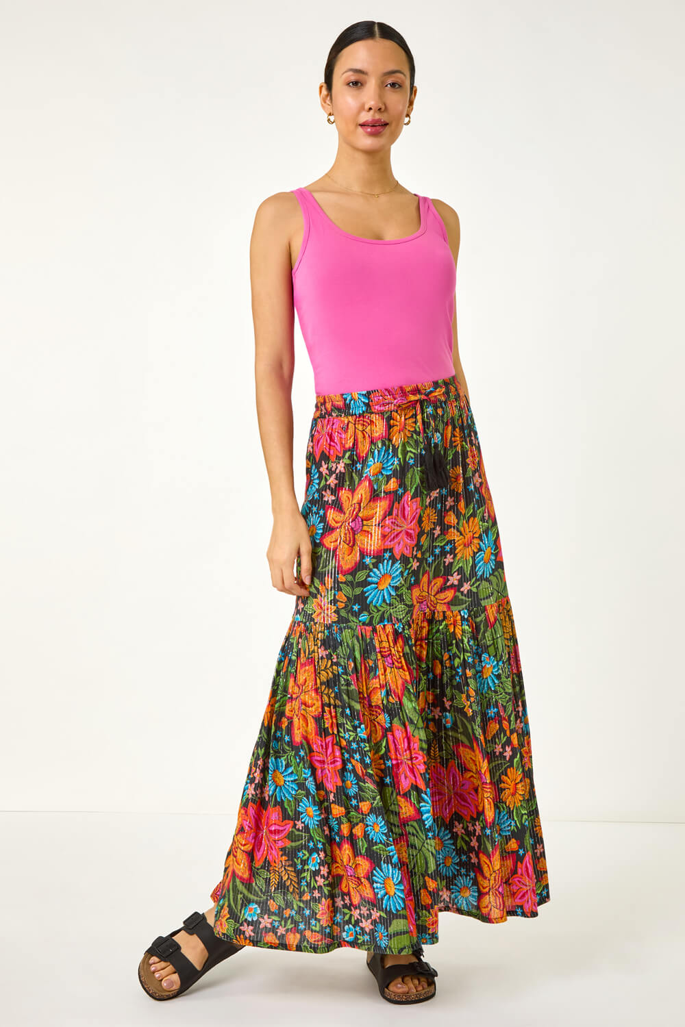 Black Floral Print Tiered A-Line Skirt, Image 4 of 7