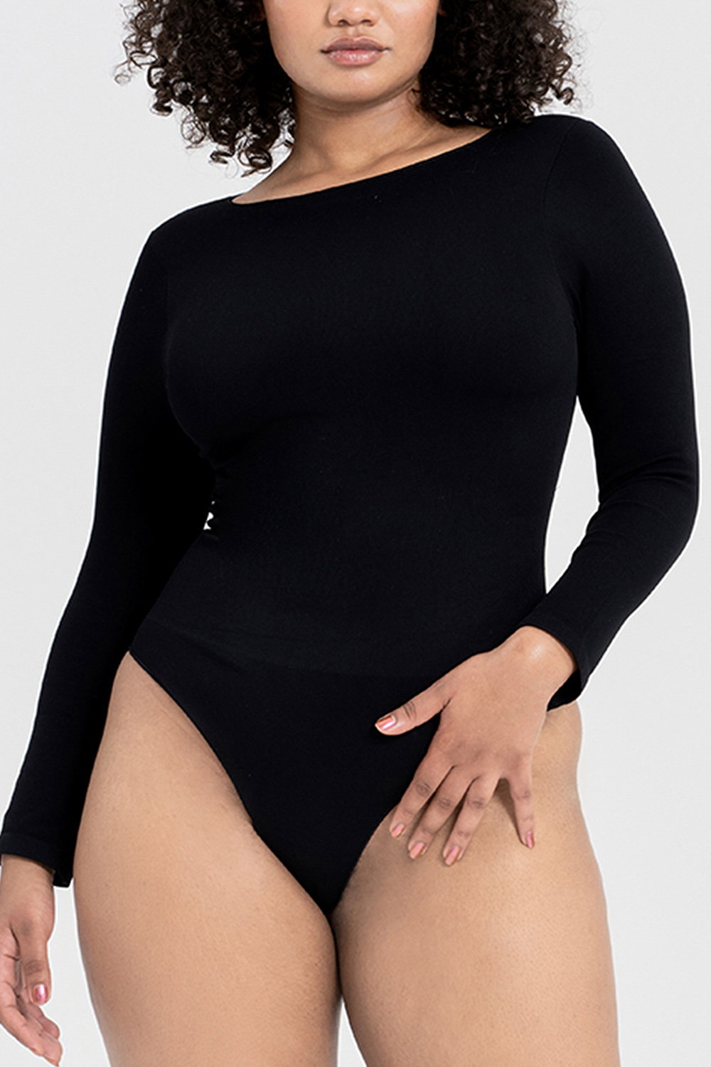 Black Long Sleeve Sculpting Bodysuit Fit, Image 3 of 5