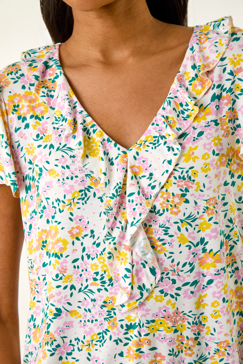 White Floral Print Ruffle V-Neck Top, Image 6 of 5