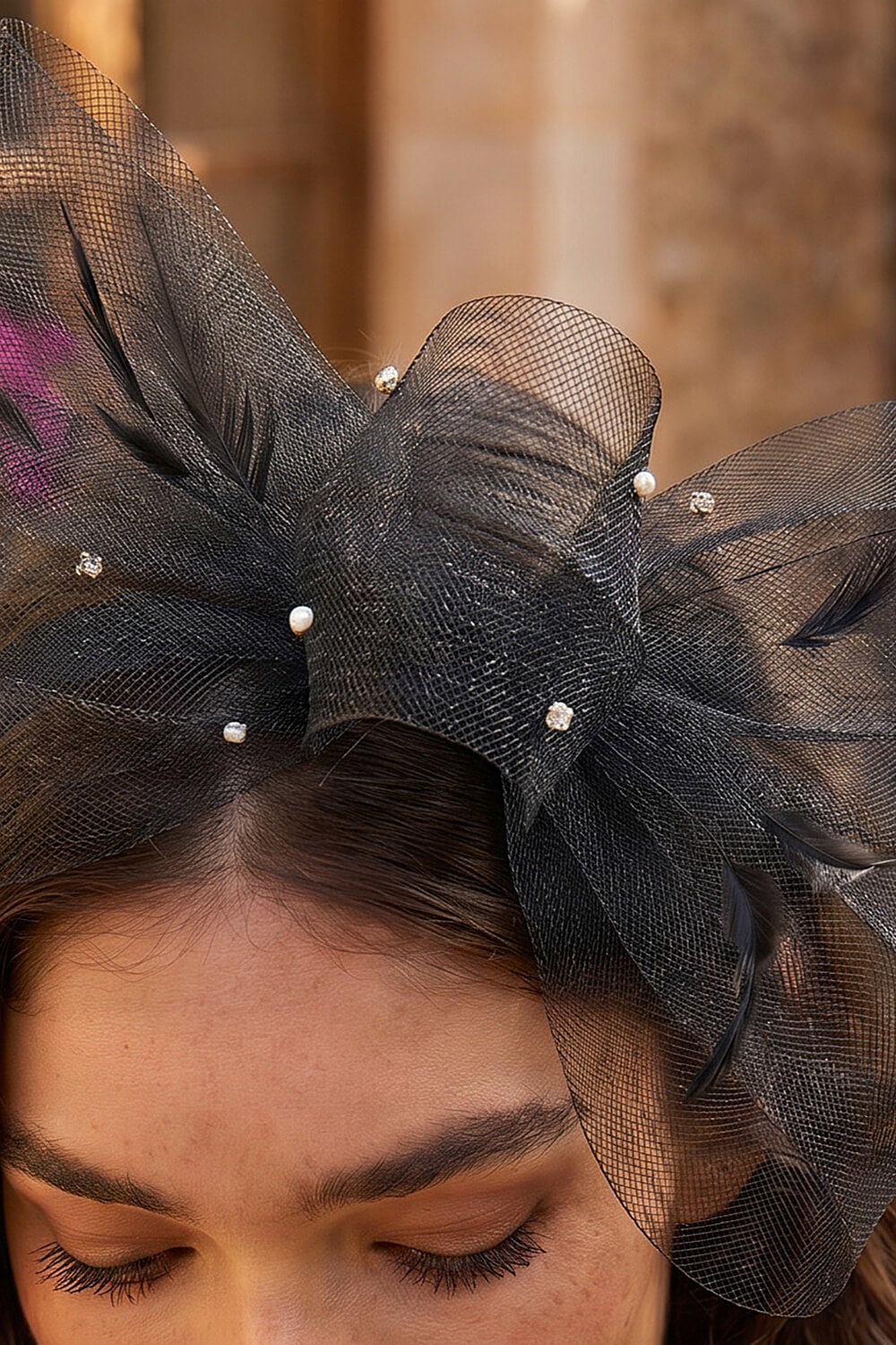 Black Embellished Bow Fascinator, Image 5 of 4