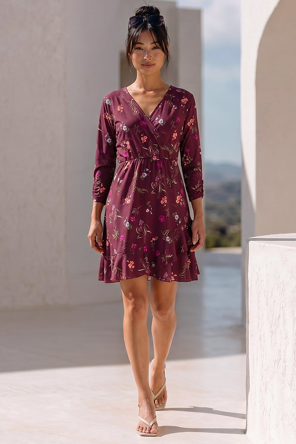 Wine Petite Floral Wrap Frill Stretch Dress , Image 3 of 5