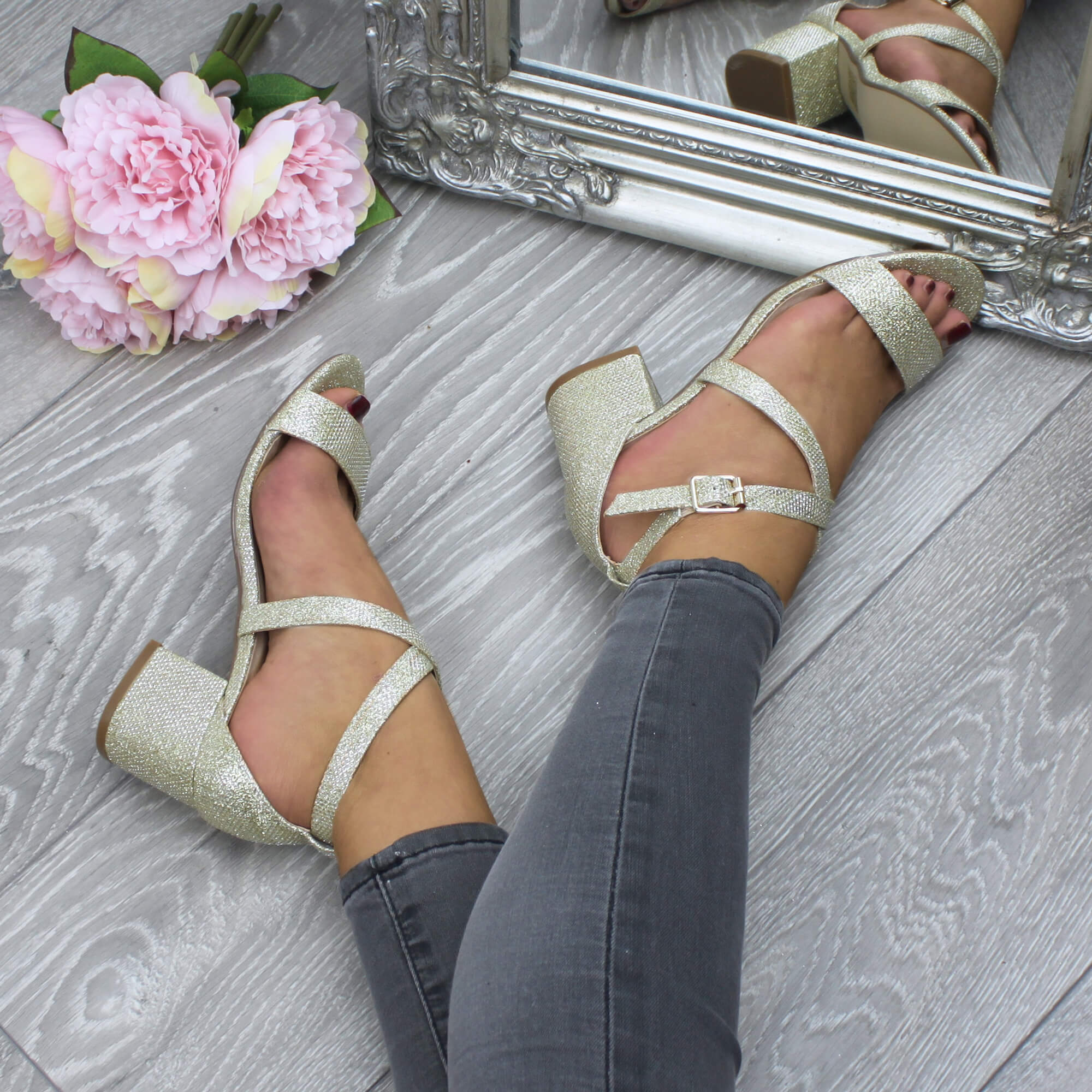 Gold AJVANI Gold Mid Block Heel Crossed Straps Sandals, Image 5 of 6