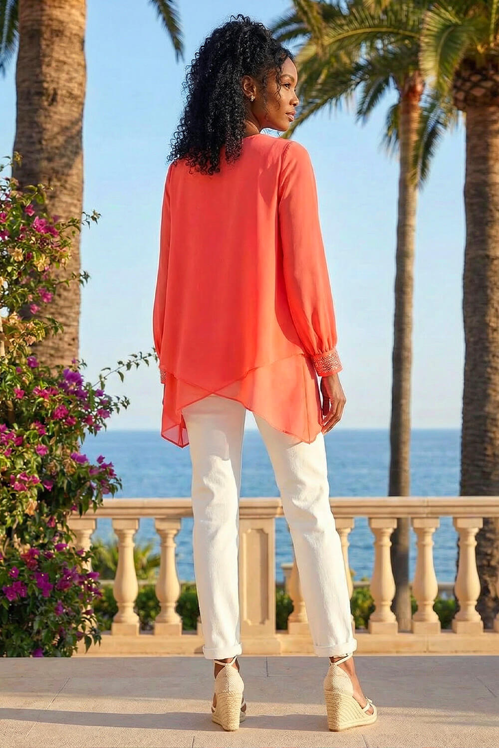 Coral Sparkly Detail Asymmetric Hem Top, Image 4 of 4