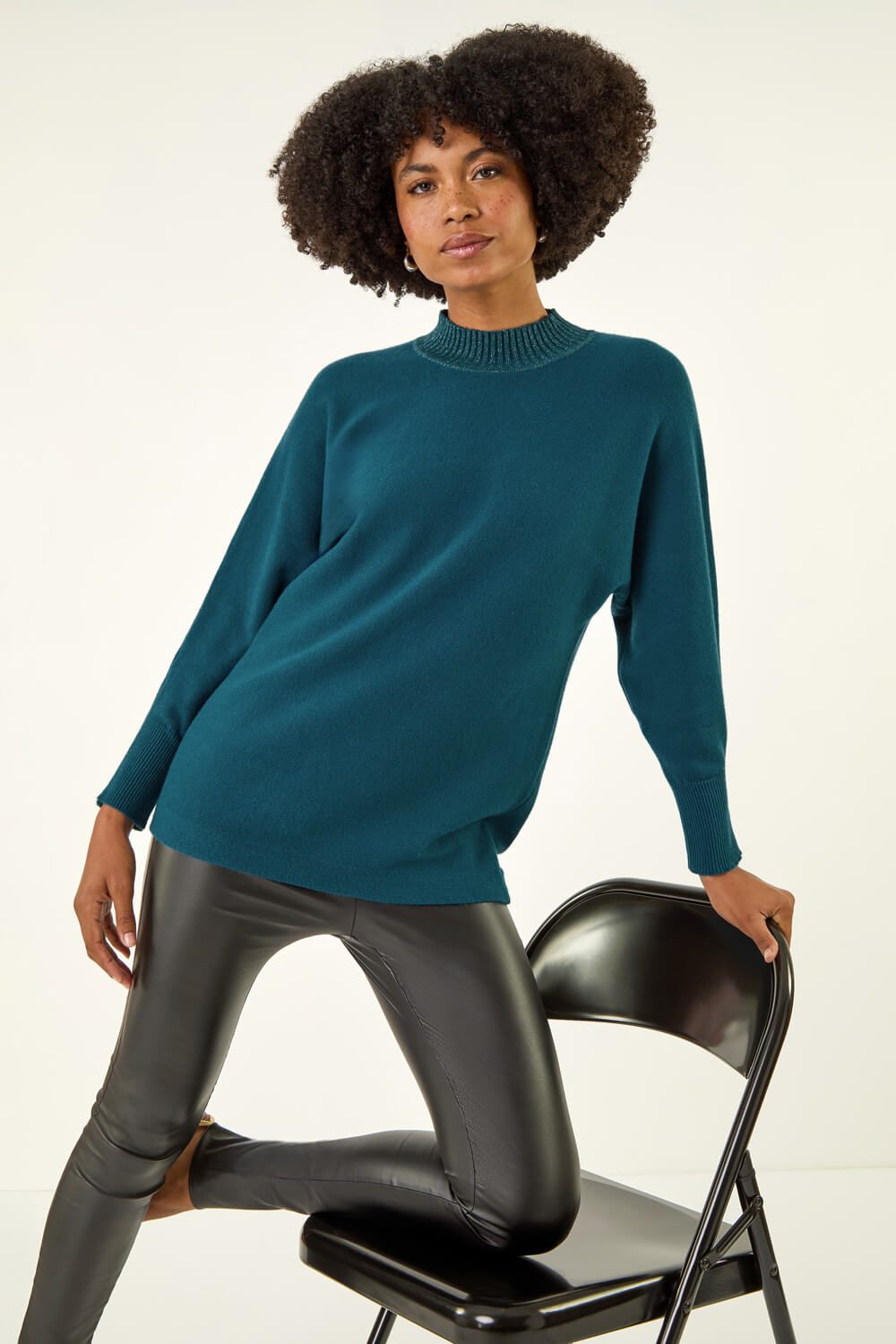 Teal Metallic Tie Front Knitted Jumper , Image 1 of 5