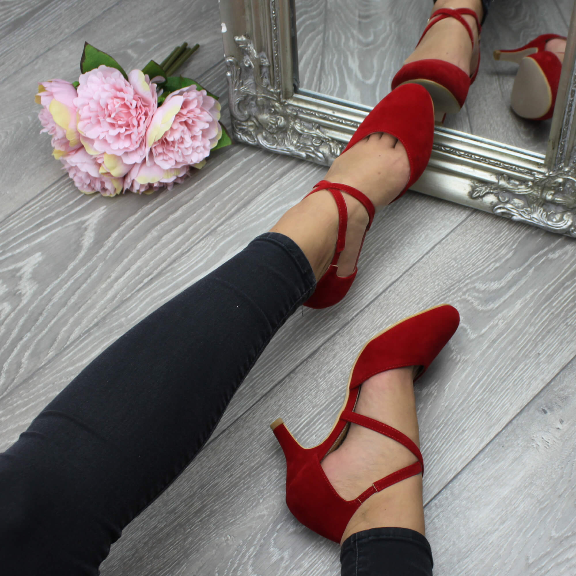 Red AJVANI Red Mid Heel Crossed Straps Court Shoes, Image 5 of 6