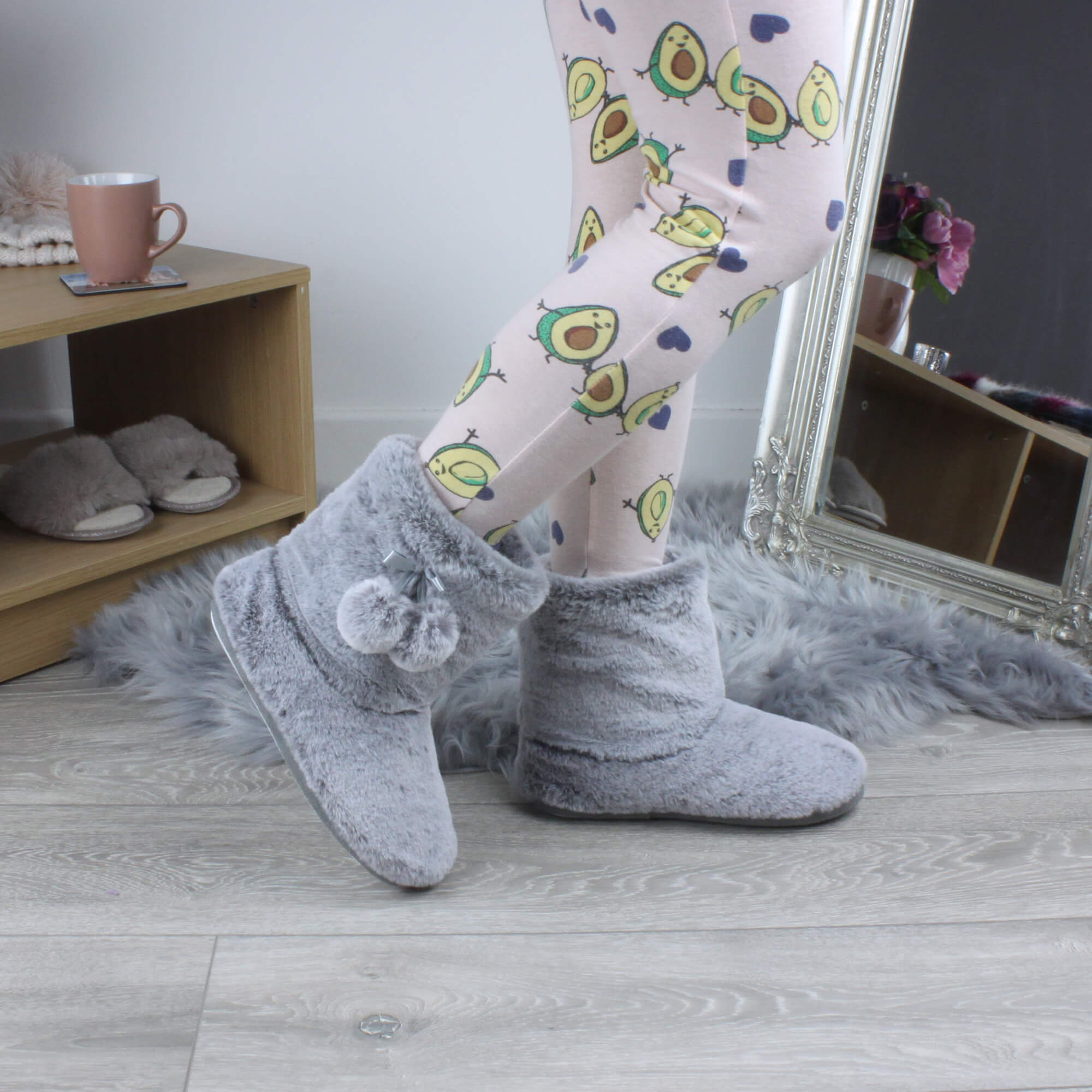 Grey AJVANI Grey Faux Fur Lined Slip On Memory Foam Mules Slippers, Image 5 of 6