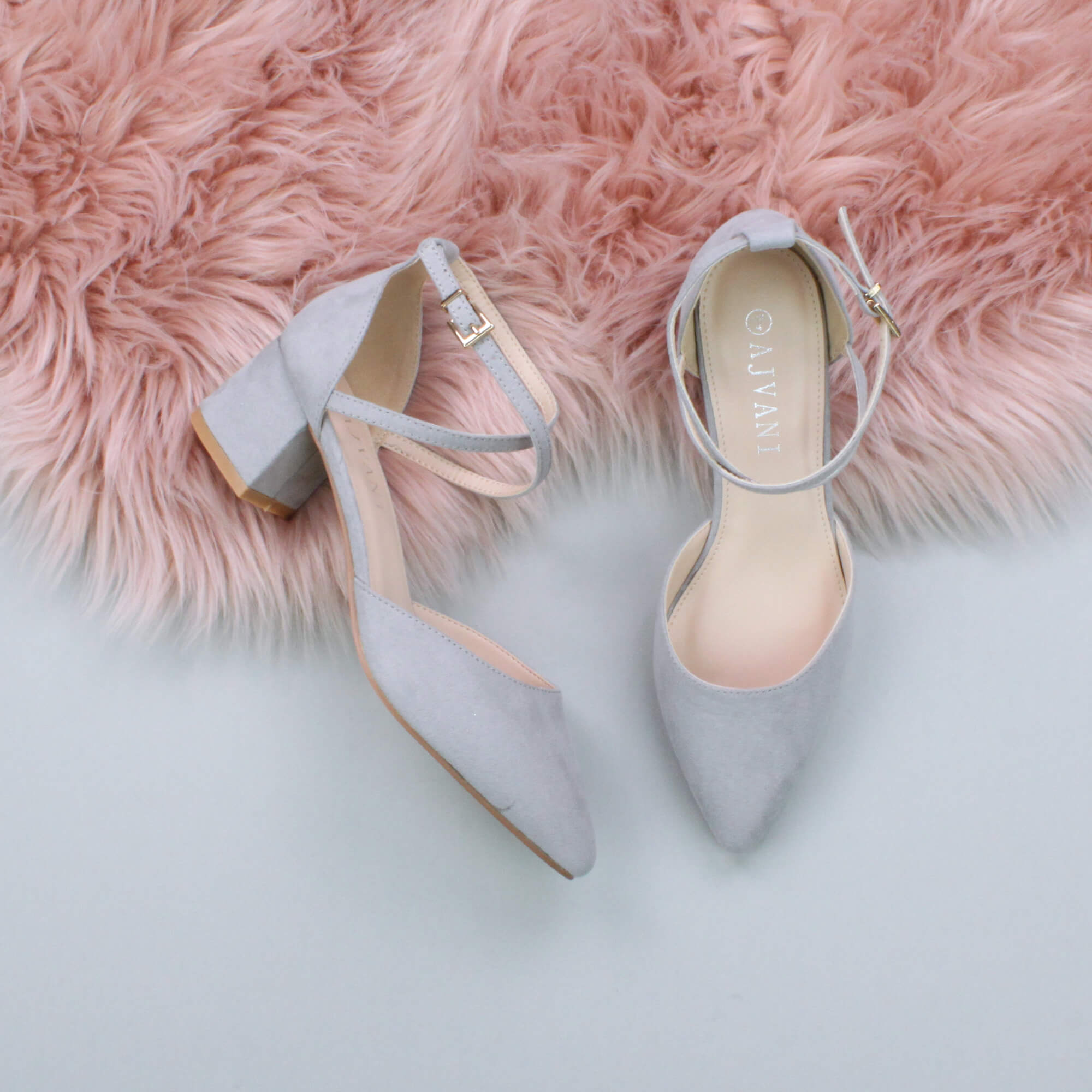 Grey Mid Block Heel Crossed Strap Pointed Toe 2 Part Heels, Image 4 of 6