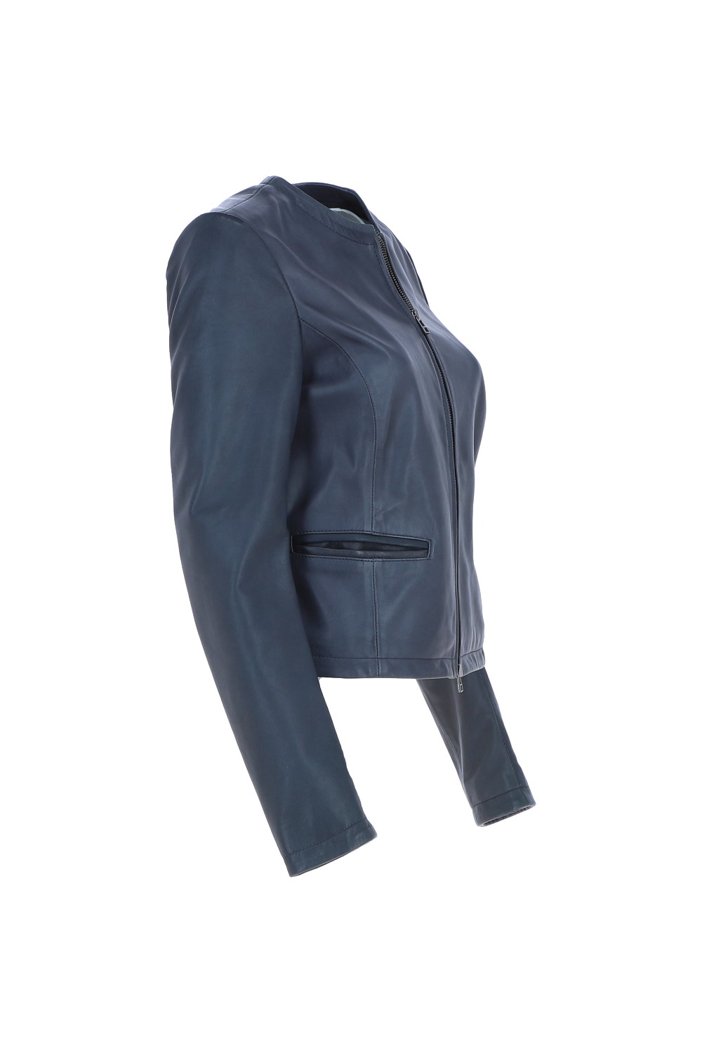 Navy "Ethel" Real Leather Collarless Jacket, Image 4 of 4