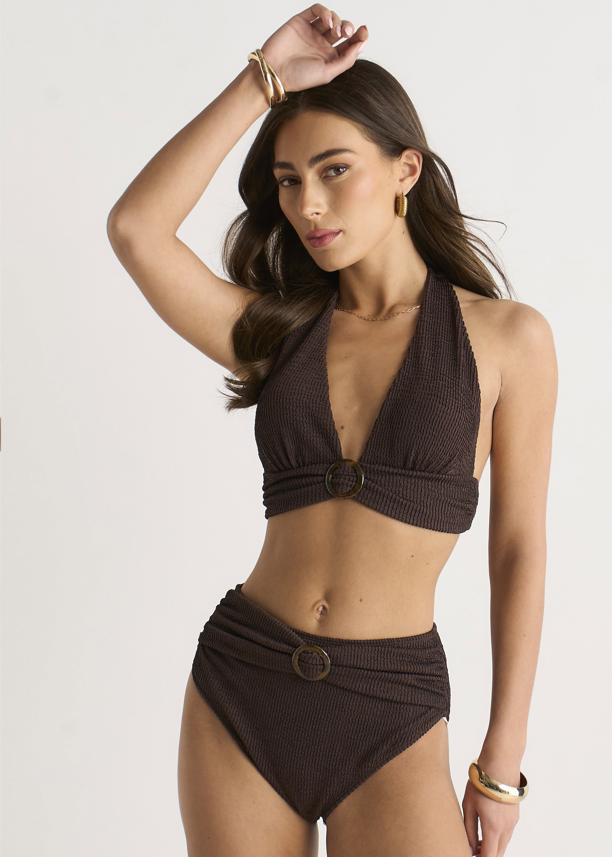 Brown Brown Textured Halter Bikini Top with Ring Detail, Image 4 of 4