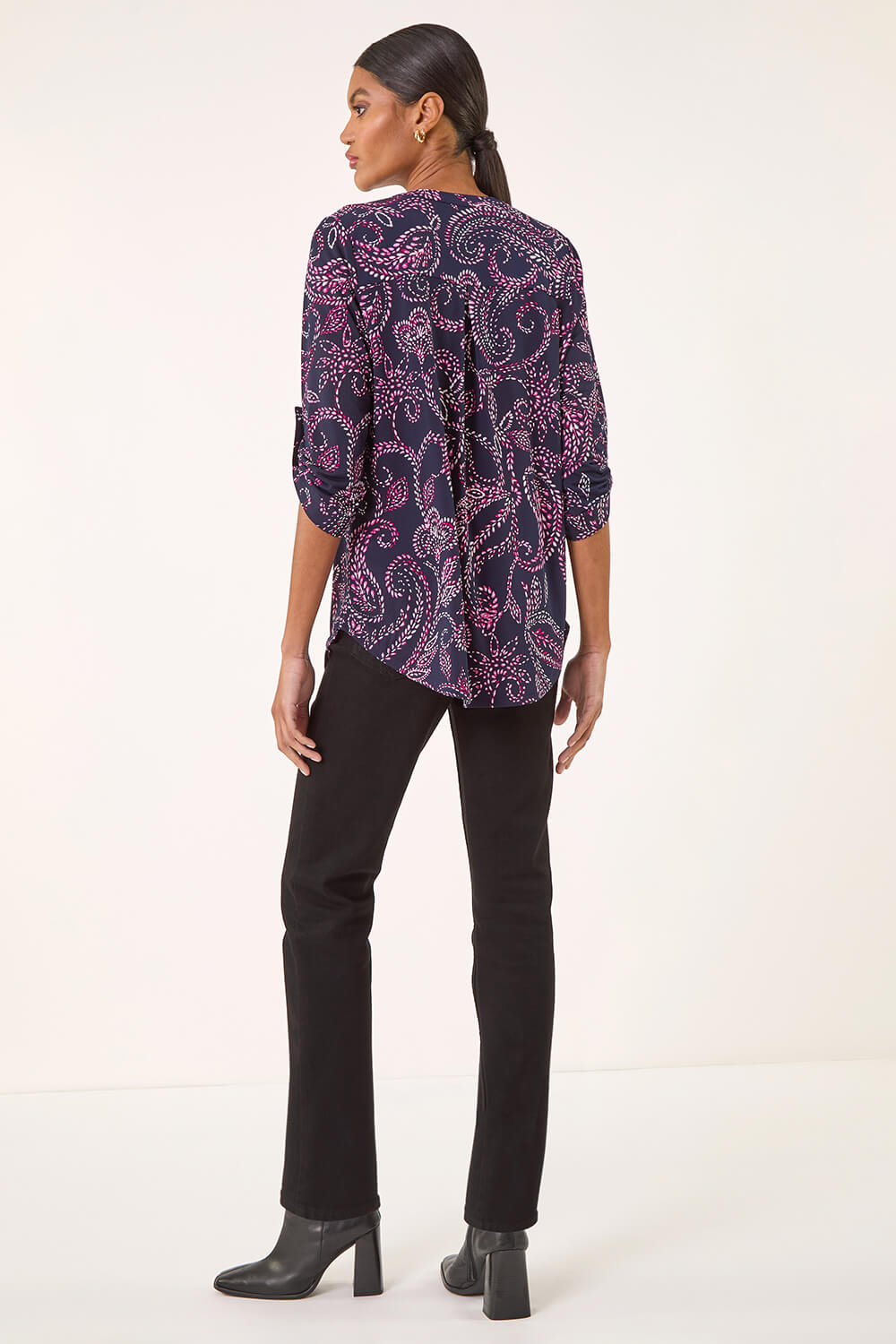 Navy  Leaf Puff Print Stretch Shirt , Image 4 of 5