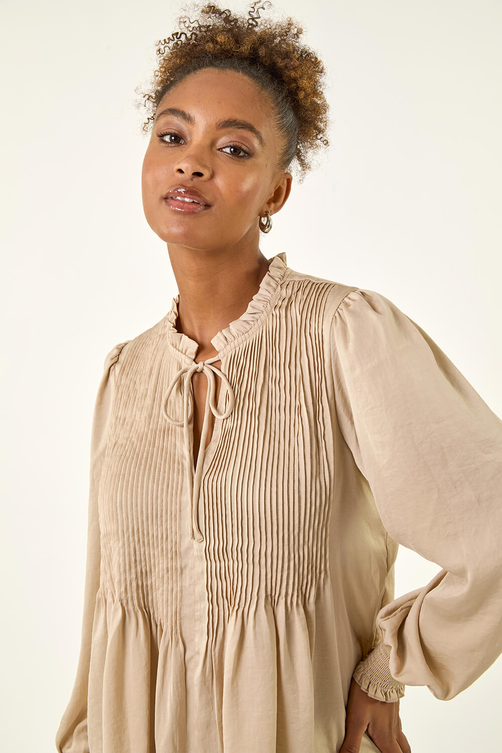 Stone Satin Pleated Tie Neck Top | Roman UK