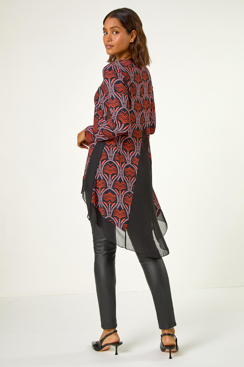 Red Chiffon Hem Printed Stretch Top, Image 4 of 5