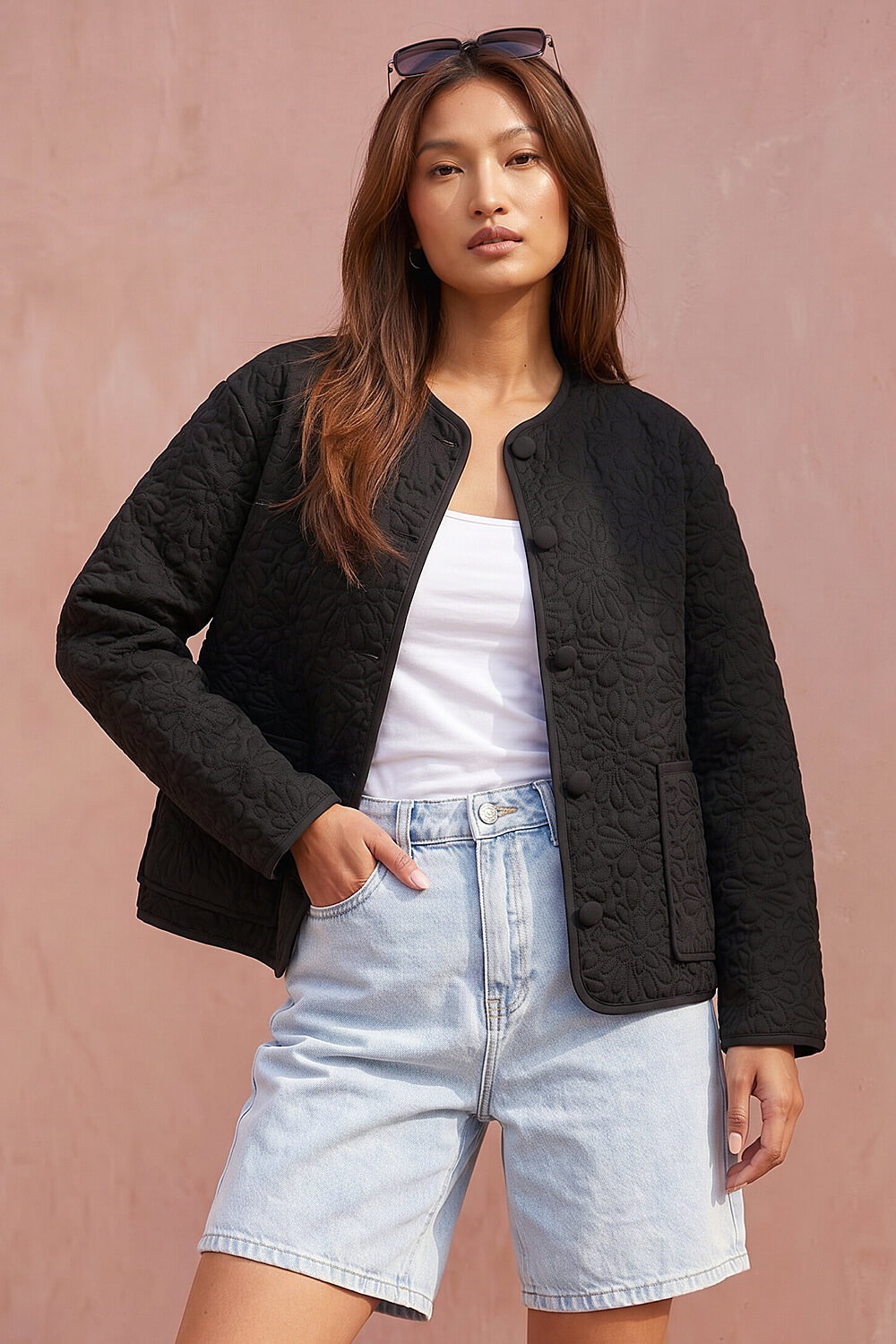Black Patterned Pocket Edge Jacket , Image 3 of 4