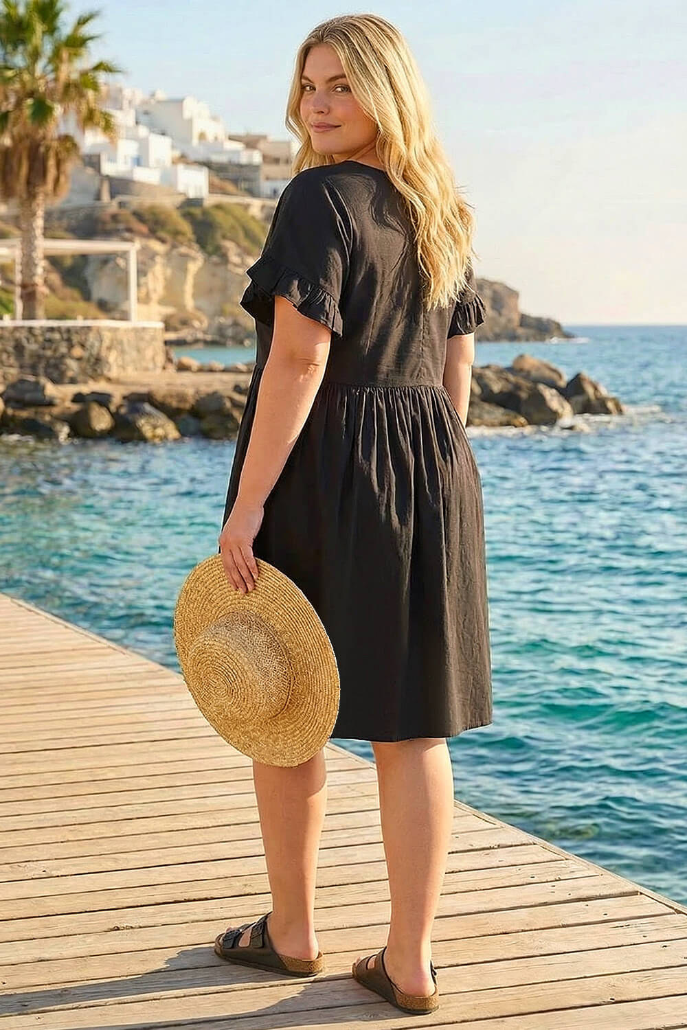 Black Curve Cotton V-Neck Frill Dress, Image 3 of 4