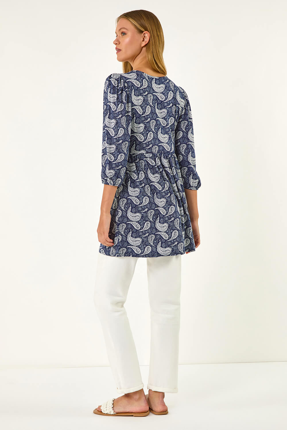 Navy Paisley Print V-Neck Stretch Top, Image 4 of 4
