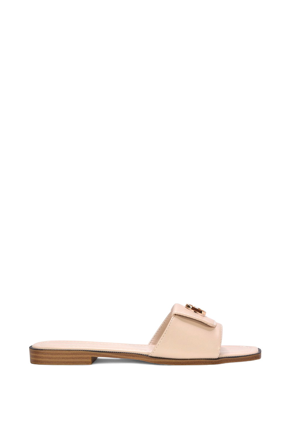 Black 'Leigh' Open Toe Foldover Buckle Slip On Flat Slider Mules