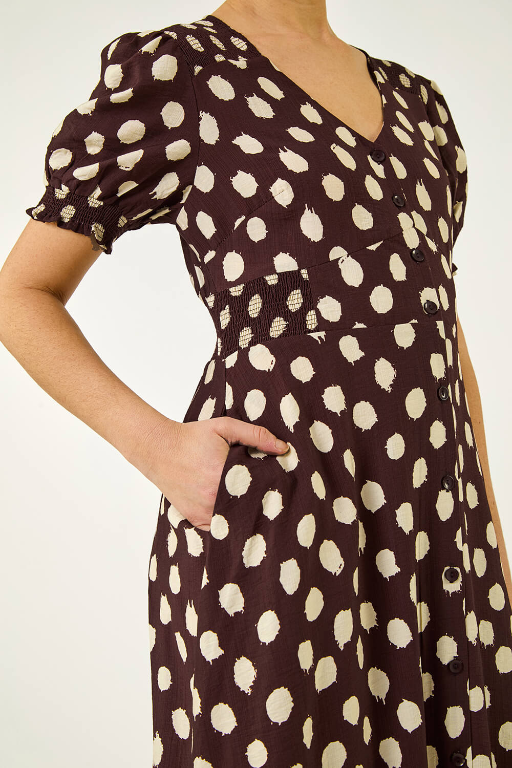 Chocolate Spot Print Button Midi Dress | Roman UK